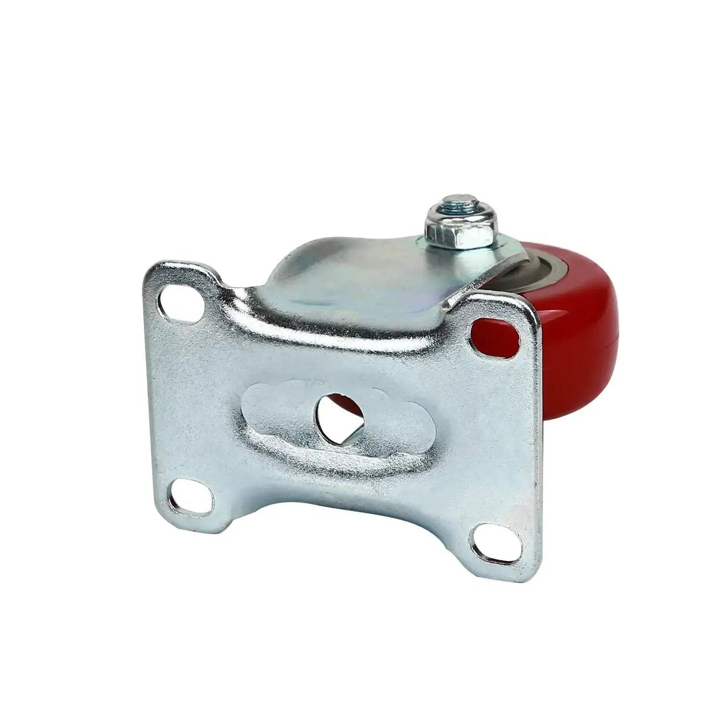 Side view of a heavy duty three inch fixed caster wheel with forged metal chassis and red polyurethane casters for carts and workbenches.