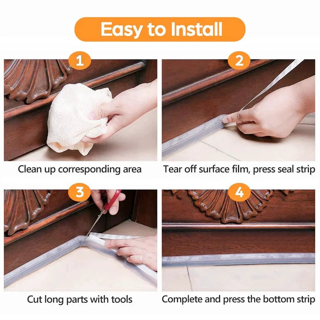 Step-by-step installation of 33.5 Ft Weather Stripping Door Seal Strip with self adhesive silicone tape on door bottom