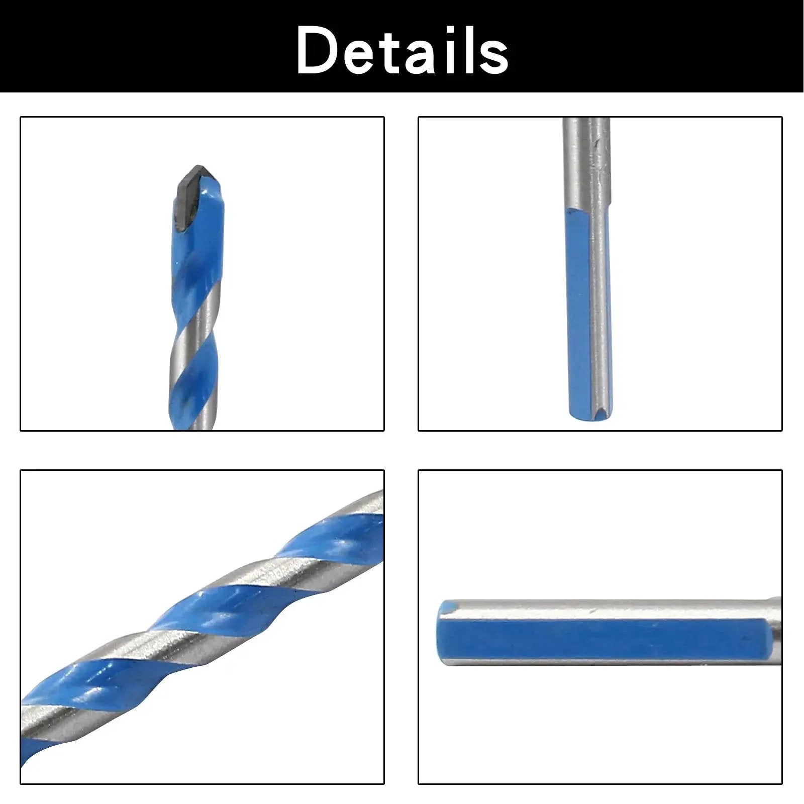 Close-up details of Five Piece 6mm Masonry Drill Bits Set Carbide 0.24 Inch, featuring blue and silver carbide tips and flutes