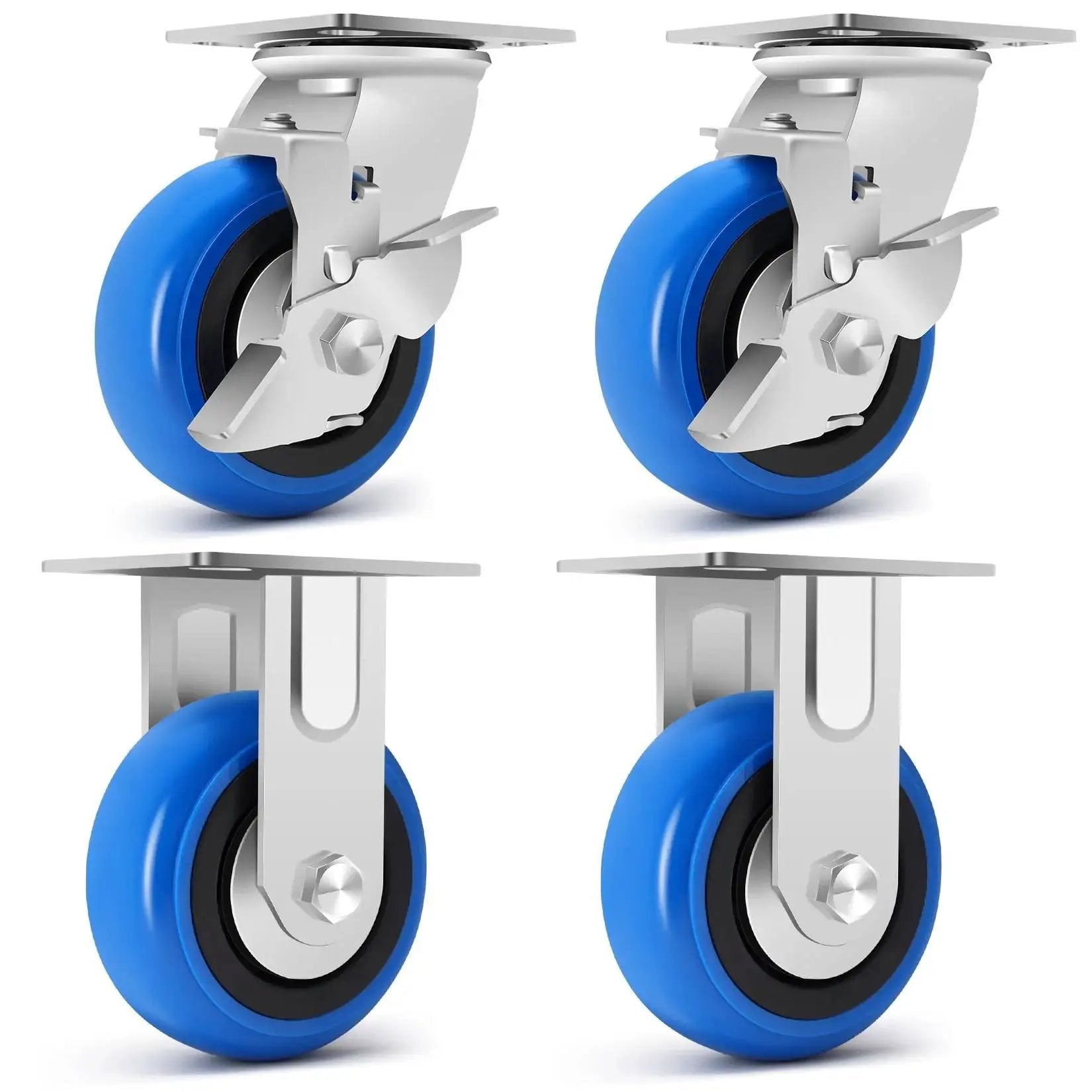 Front view of 5 Inch Heavy Duty Caster Set Of Four With 3500 Lbs Industrial Grade Capacity And Upgraded Thickened Bracket Smooth Rolling Wheels For Cart Bases Two Brakes And Two Rigid Castors Ideal For Warehouses Workshops And Industrial Use