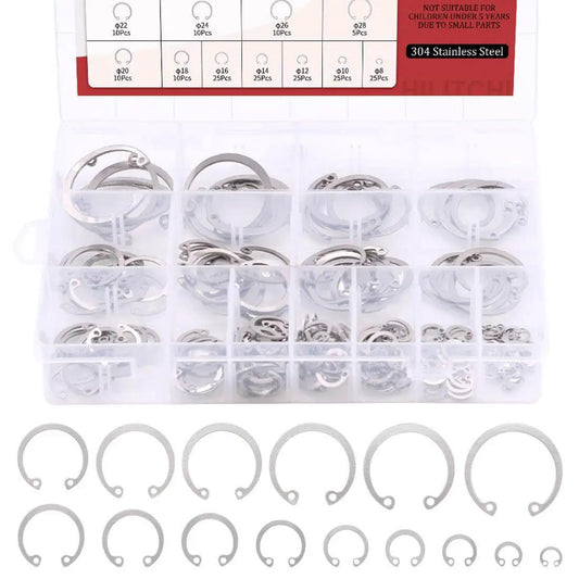 Internal Snap Ring Set 304 Stainless Steel, 200-piece assortment in a clear box showing various metric sizes for automotive use