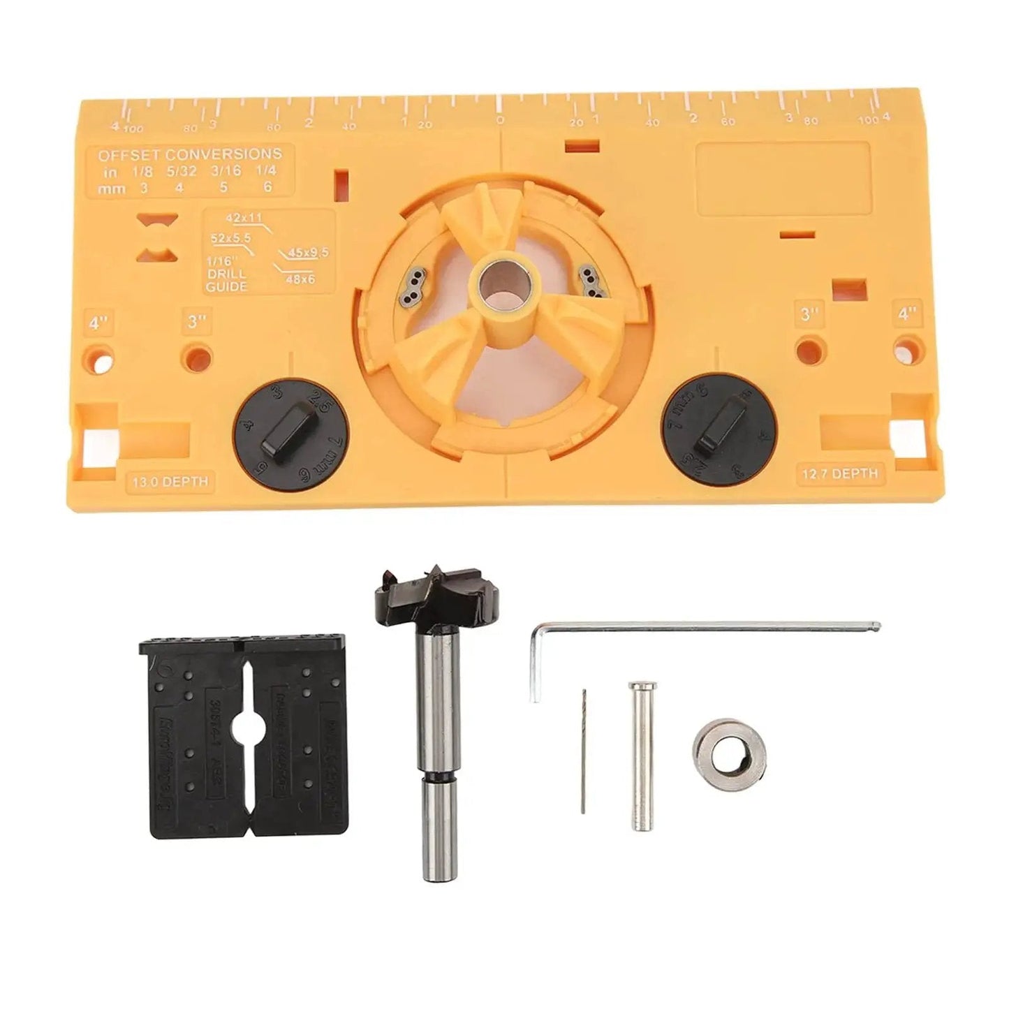 Ultimate 35mm Hinge Boring Jig for Woodworking DIY Friendly Easy Hinge Installation Accurate Drilling With Metal Bushing For Straight Cup Hole Built In Depth Setting Cup Hole Locator Cutter Bit ABS Yellow