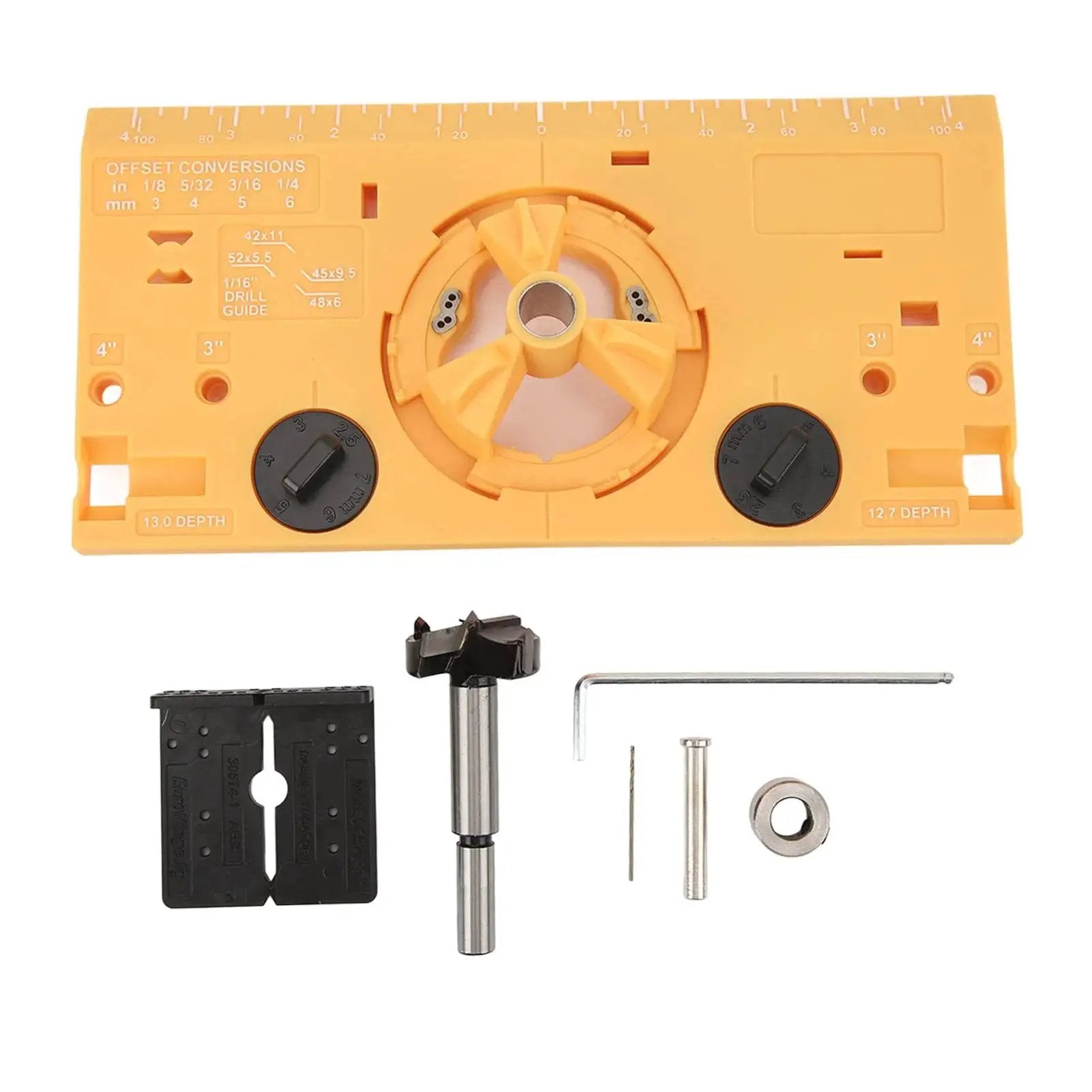 Ultimate 35mm Hinge Boring Jig for Woodworking DIY Friendly Easy Hinge Installation Accurate Drilling With Metal Bushing For Straight Cup Hole Built In Depth Setting Cup Hole Locator Cutter Bit ABS Yellow