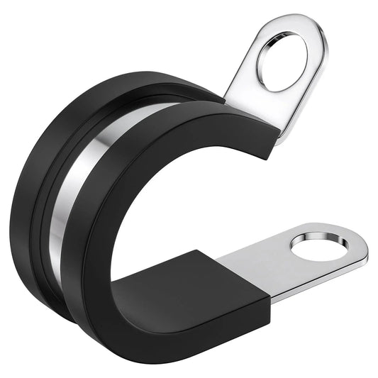 Front view of 50 Pack Half Inch Cable Clamps 304 Stainless Steel Insulated Hose Clamp Pipe Clamp Wire Clamp with Rubber Cushioned Grip