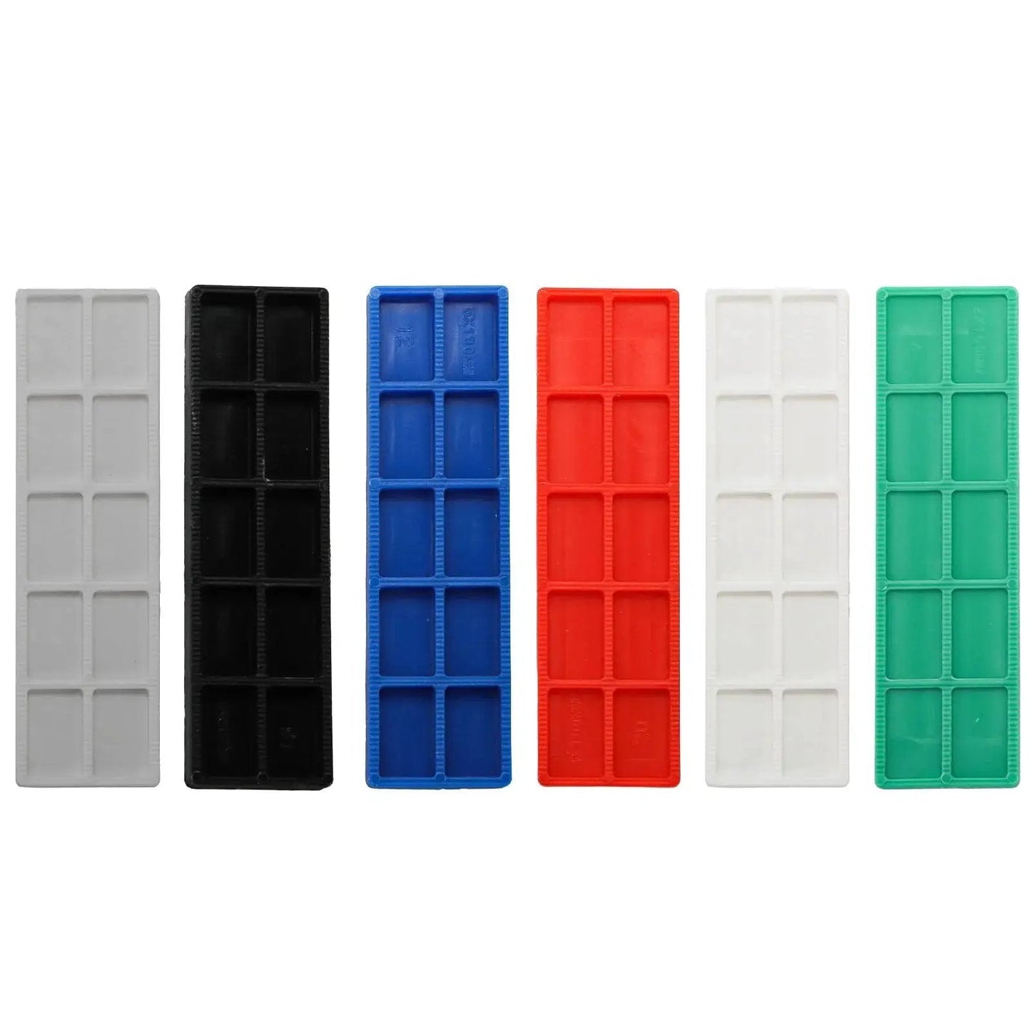 Bulk 300 Piece Plastic Flat Shim Set For Leveling And Tile Installation Color Coded By Thickness From 1mm To 6mm With Grey Green White Red Blue Black