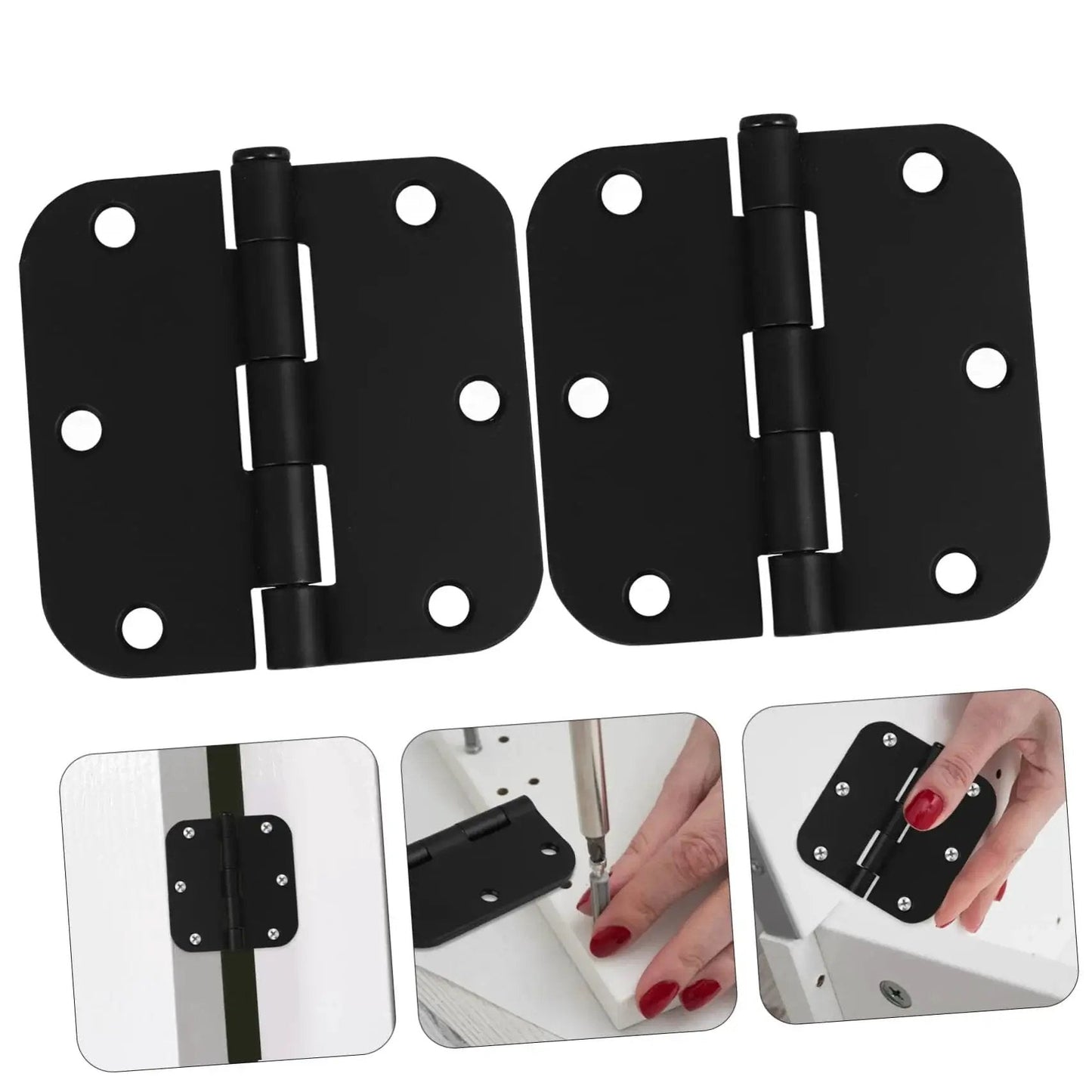Heavy Duty Iron Door Hinges 2 Pack With Rounded Corner Design For Cabinets And Outdoor Gates High Load Capacity Safe Edges Easy Install Durable For Interior Exterior Doors And Windows, shown with installation examples.