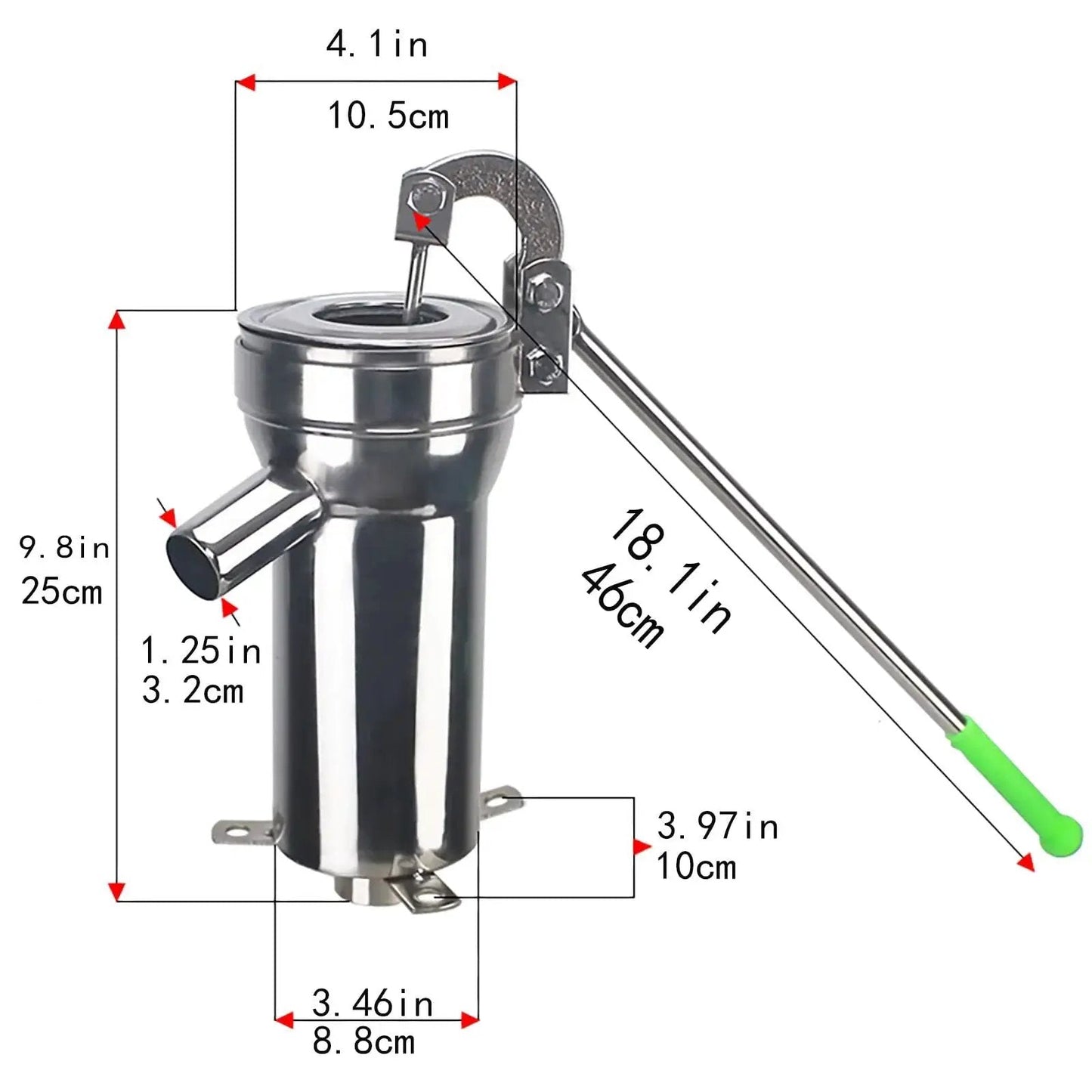 Dimensions and design of Stainless Steel Manual Well Pump For Deep Wells with easy hand crank and food grade safety materials