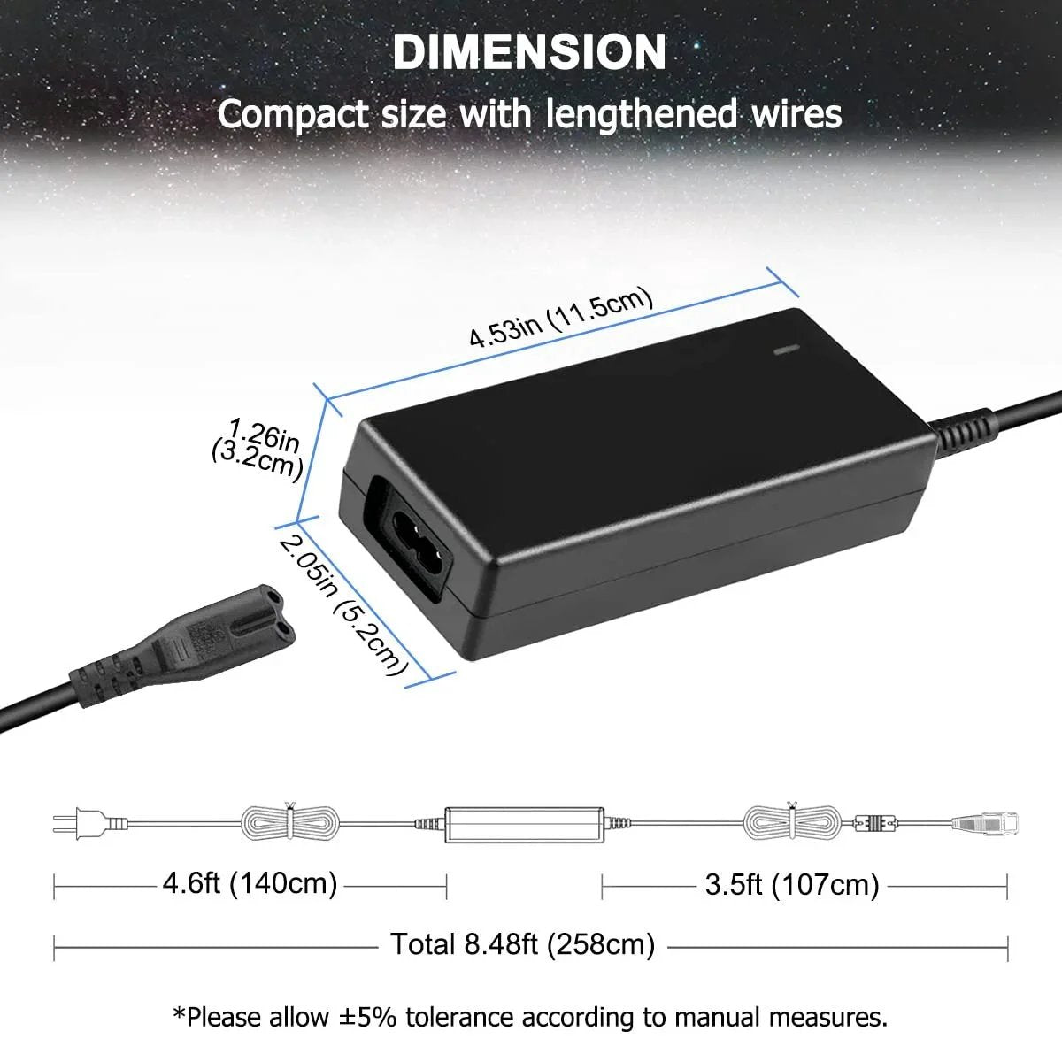 12V 5A Power Supply For Linear Actuator And Motor Controller Compatible With Lift Chair And Electric Sofa Plug And Play Home Wall Adapter From UYGALAXY, showing dimensions and connections