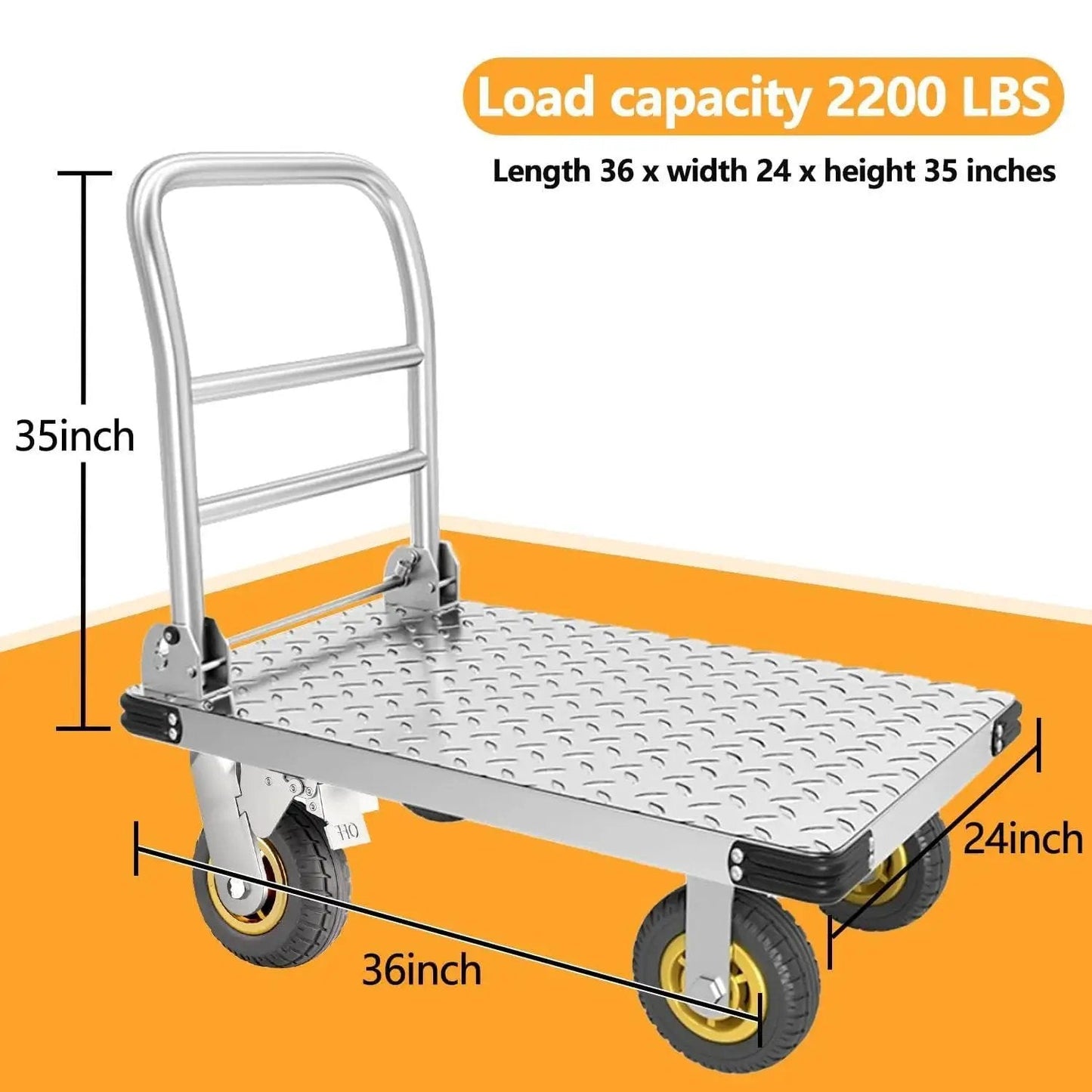 Foldable Platform Truck Push Dolly Heavy Duty 2000 Lb Capacity With Brake And 6 Inch 360 Degree Swivel Wheels, with size details
