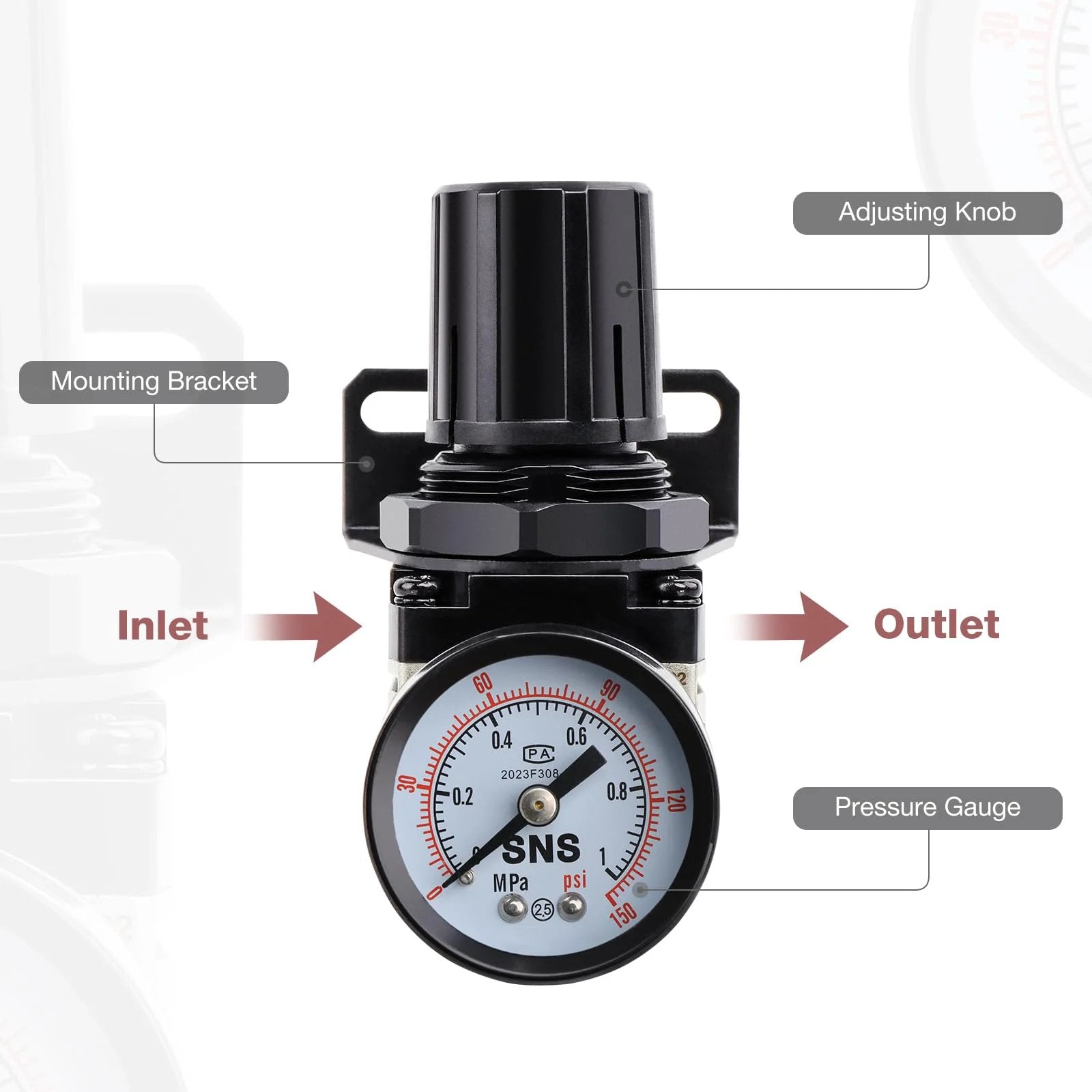 Adjustable 0 To 150 PSI Air Compressor Regulator With Gauge And Bracket One Quarter Inch NPT Female Thread Aluminum AR2000 N02 front view