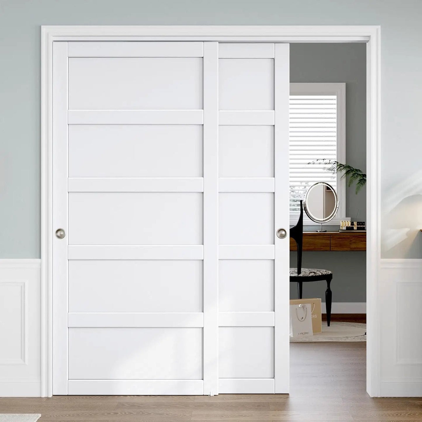 Sliding Closet Door 72x80 Inches, 5-Panel Bypass Barn Doors With Hardware Track Kit, White Finish, installed in bedroom doorway.