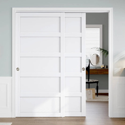 Sliding Closet Door 72x80 Inches, 5-Panel Bypass Barn Doors With Hardware Track Kit, White Finish, installed in bedroom doorway.