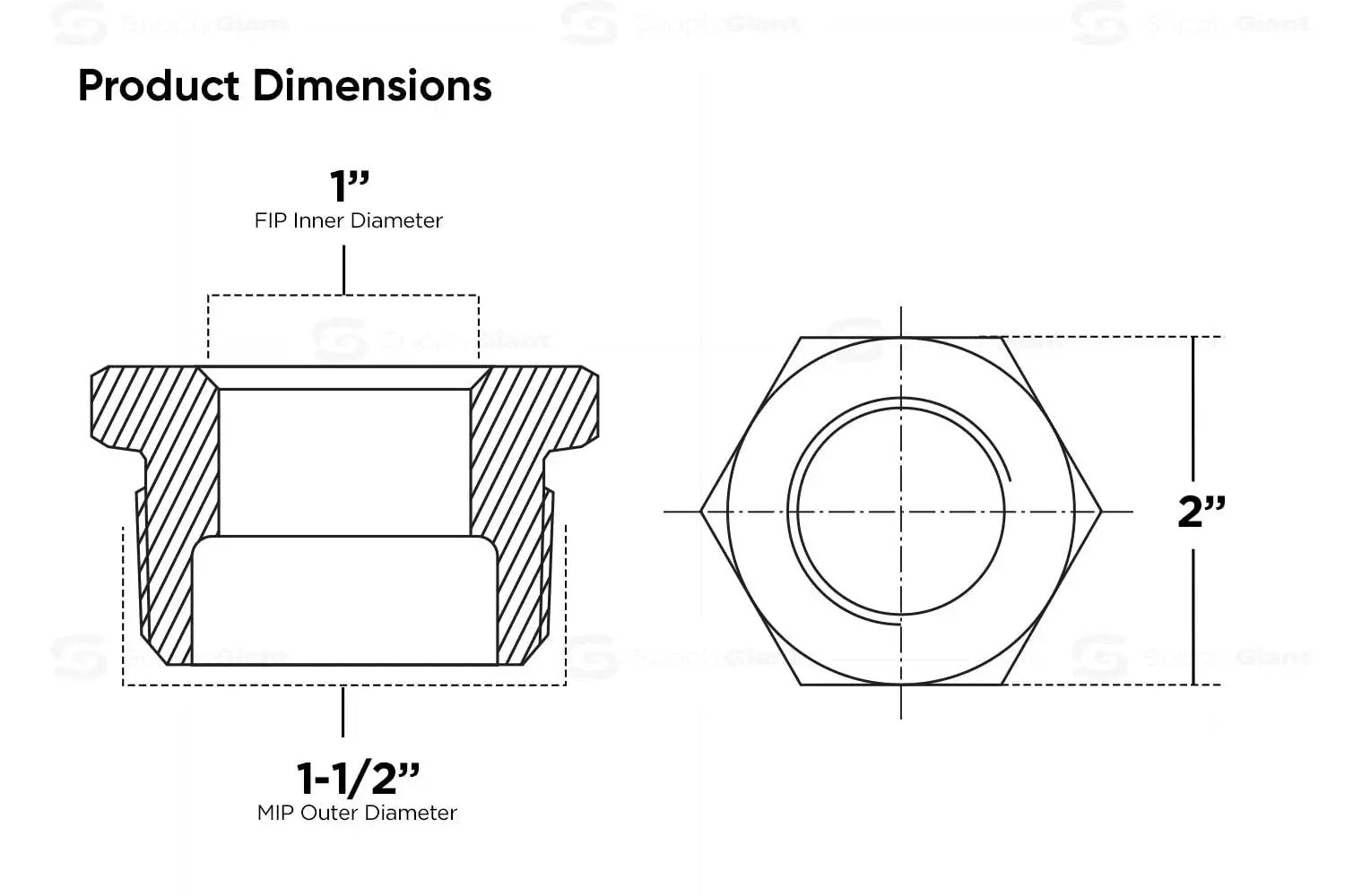 Technical diagram showing dimensions of 1-1/2 Inch Male NPT To 1 Inch Female Brass Bushing With Hex Head, Lead-Free Brass, Plumbing Fitting.