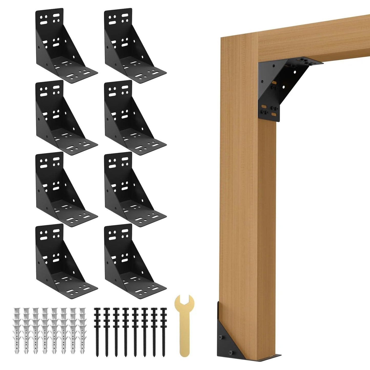 Eight Piece Post Base Pergola Bracket Kit Inner Size 3.5 Inch By 3.5 Inch Heavy Duty Black Powder Coated Steel 2.0 Mm Thick 90 Degree Brackets
