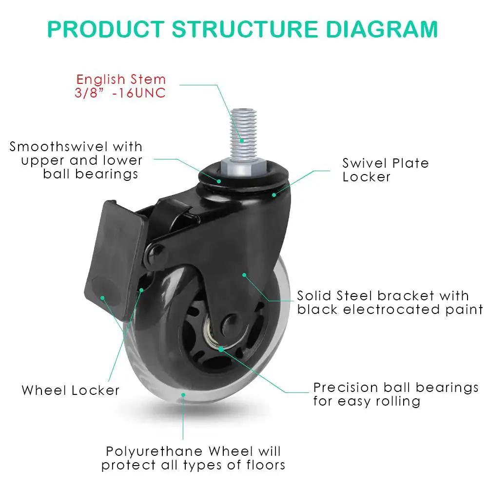 3 Inch Swivel Stem Casters with Locking Brakes Threaded 3/8-16UNC, product structure diagram with labels and specifications.