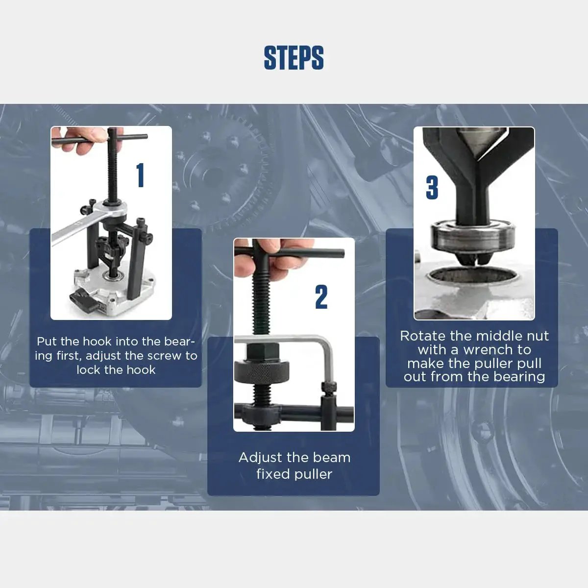 Instructions for Three Jaw Bearing Puller Tool Kit showing step-by-step guide on using the puller with pilot and blind bearings.