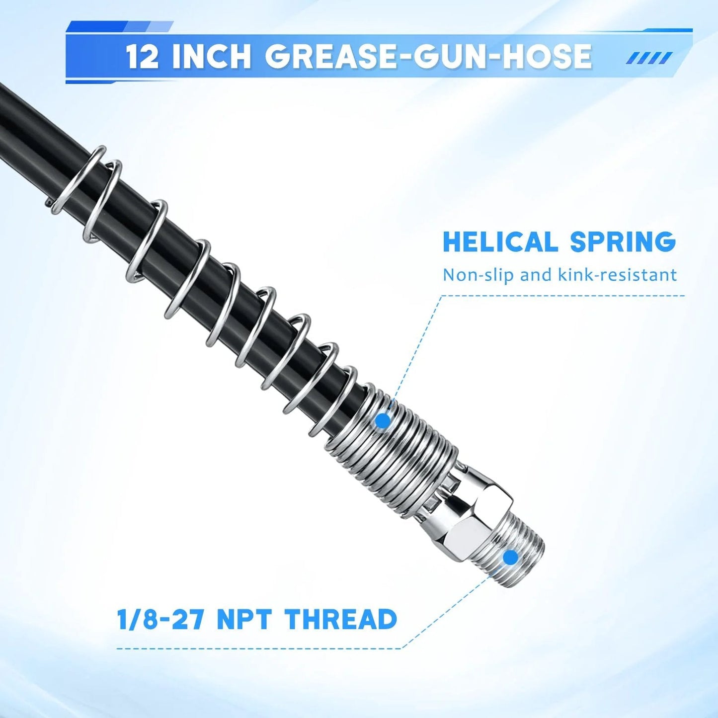 12 inch hose from Grease Gun Fittings Accessory Kit Pro Grade With 90 Degree Grease Coupler Adapter And Sleeves