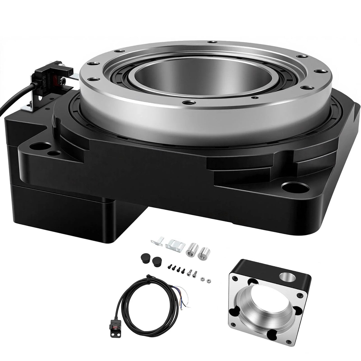 Top Notch Hollow Rotary Platform Positioner Actuator With 360 Degree Indexing Table Ultra Accurate To One Arc Minute Integrated Photoelectric Sensor Ten To One Gear Ratio CNC Ready NEMA34 Stepper Or 80mm Servo Motor Compatible shown with accessories.