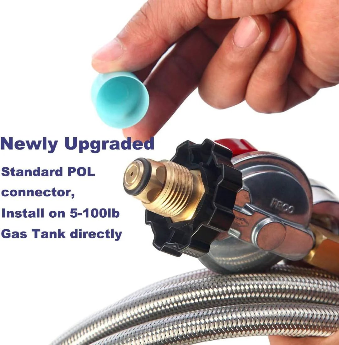 Close-up of a high pressure propane regulator with gauge and 12 ft stainless steel braided hose, showing POL connector.