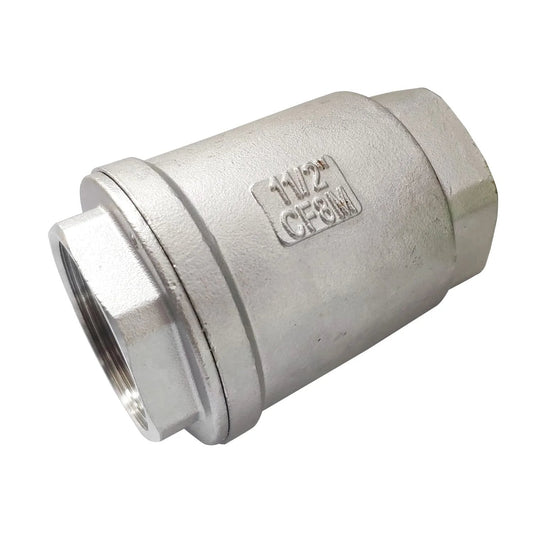 Vertical Heavy Duty Inline Check Valve One And One Half Inch Female NPT Spring Loaded 4.5 PSI Cracking Pressure 304 Stainless Steel