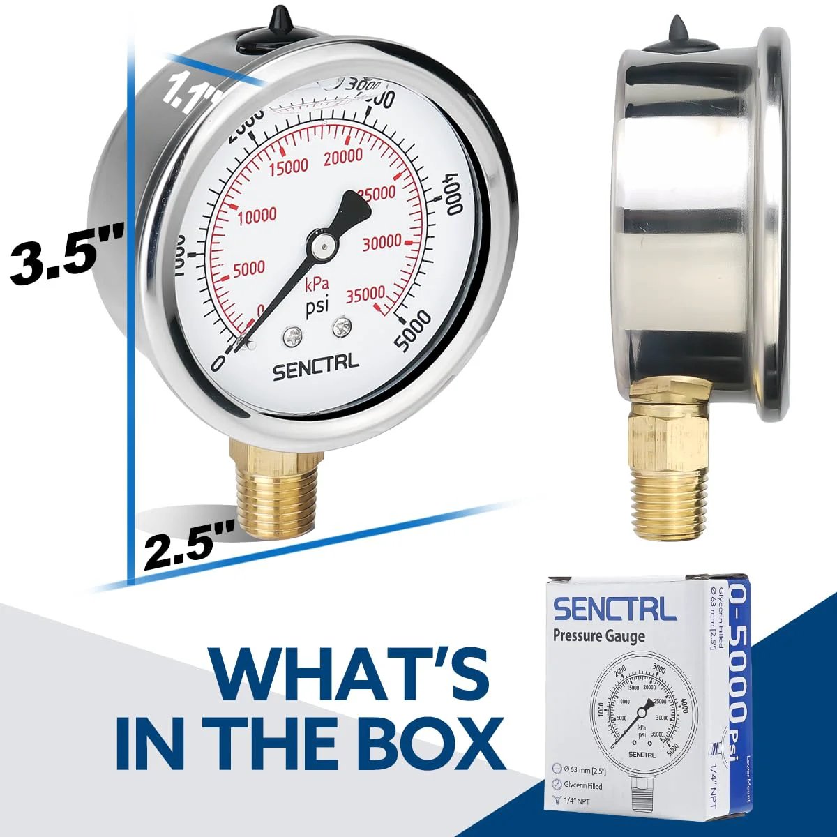Glycerin Filled Hydraulic Pressure Gauge 5000 Psi With 2.5 Inch Dial, 1/4 Inch NPT Lower Mount, Stainless Steel Case shown with box
