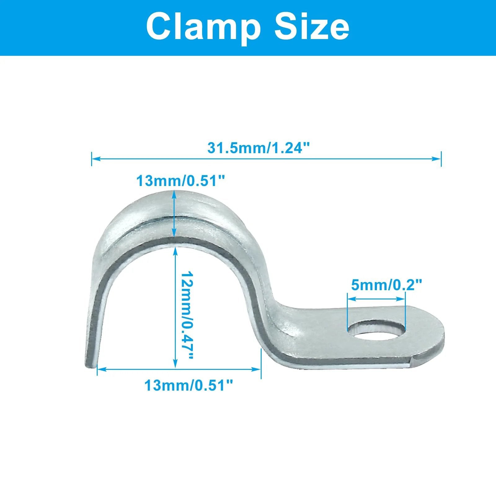 Side view of 30 Pack M12 Rigid Pipe Straps For One Half Inch Conduit And Pipe Zinc Plated Steel One Hole Clamp with size measurements