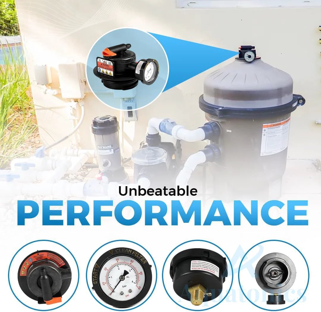 Replacement Manual Air Relief Valve Assembly With Pressure Gauge And O Rings For Hayward Pro Grid DE Filters and SwimClear Cartridge Filters Compatible With DEP 500 Series Durable Pool Filter Aquatonics installed on pool filter system