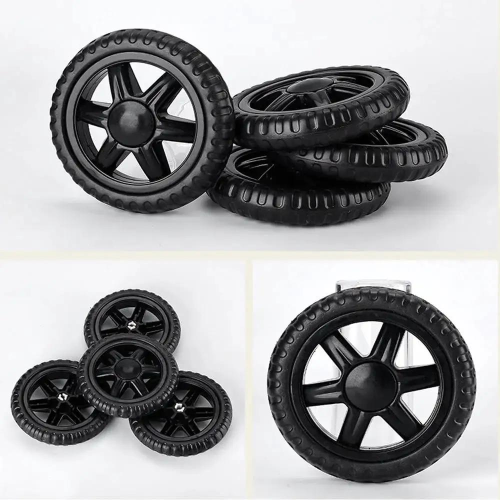 Two Pack 5 Inch Diameter Rubber Foam Shopping Cart Wheels Replacement for grocery carts and trolleys, black, stack of wheels