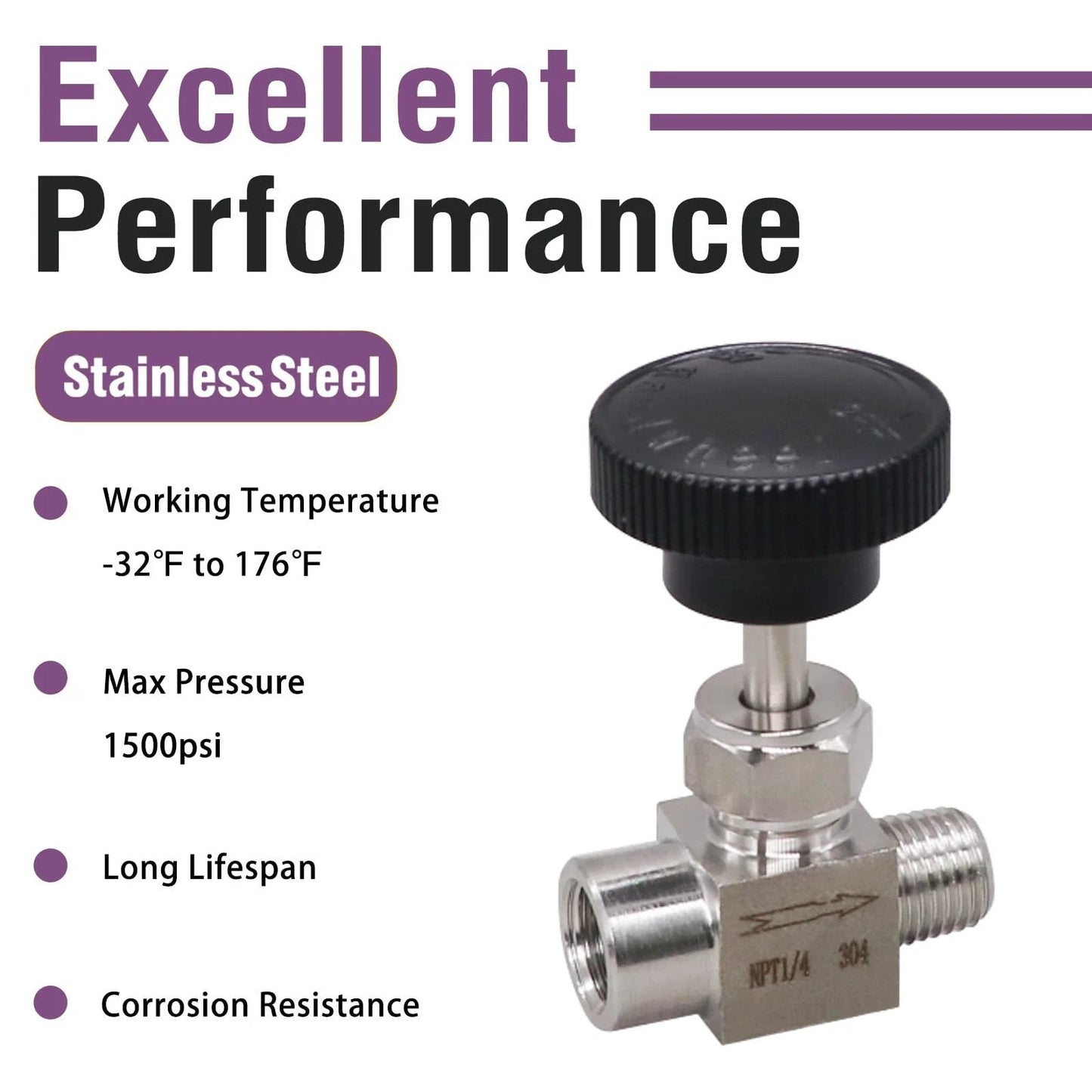 Stainless Steel Needle Valve 1/4 NPT Female to 1/4 NPT Male for Oil and Water, Precise Flow Regulation With 360 Degree Handwheel, Industrial Valve 304 Stainless Steel Body Napredak