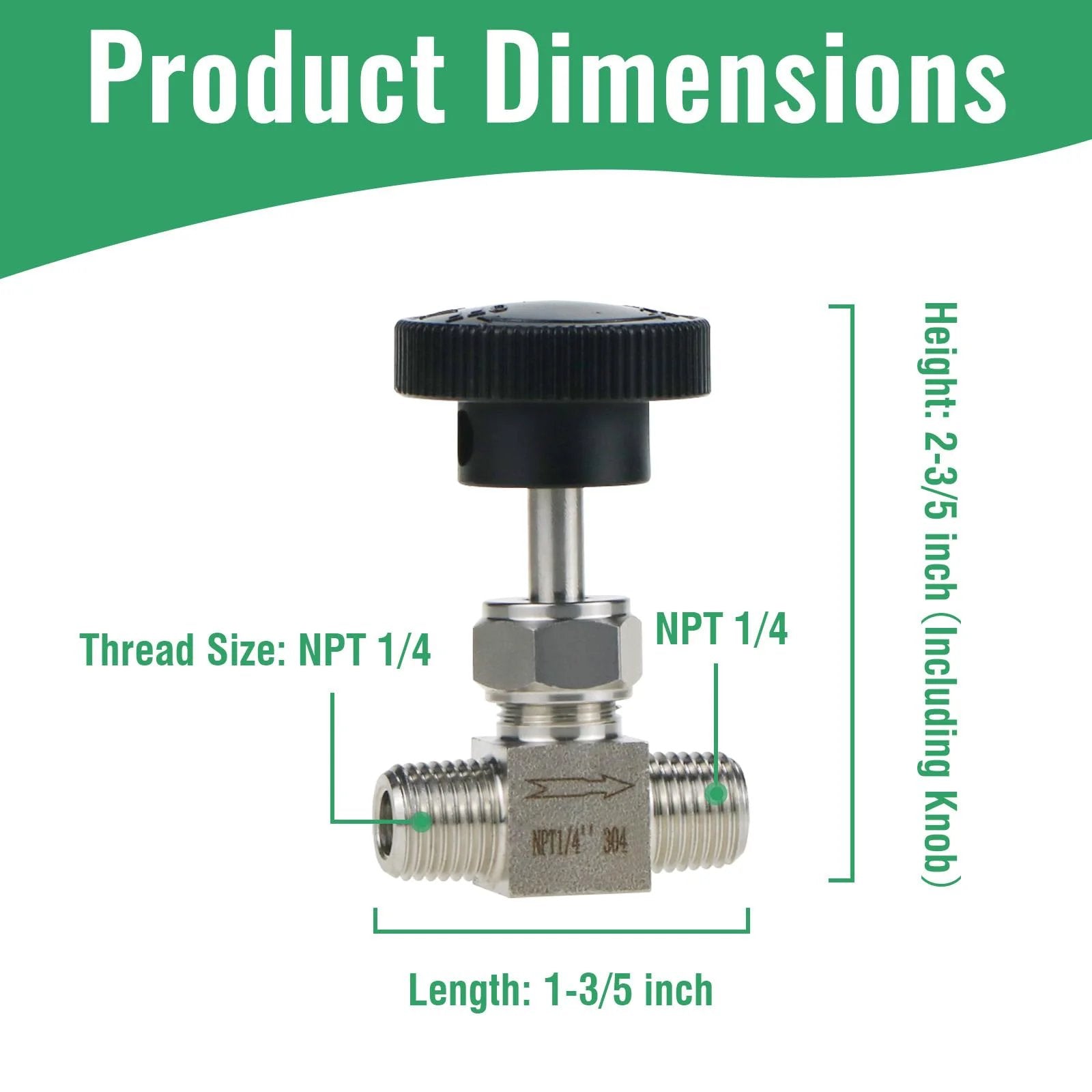 Pro Grade Stainless Steel Needle Valve One Quarter Inch NPT Male Straight High Pressure Flow Control For Water Oil Gas Systems 900 PSI 304 Stainless Durable For Industrial And Lab Use, product dimensions view