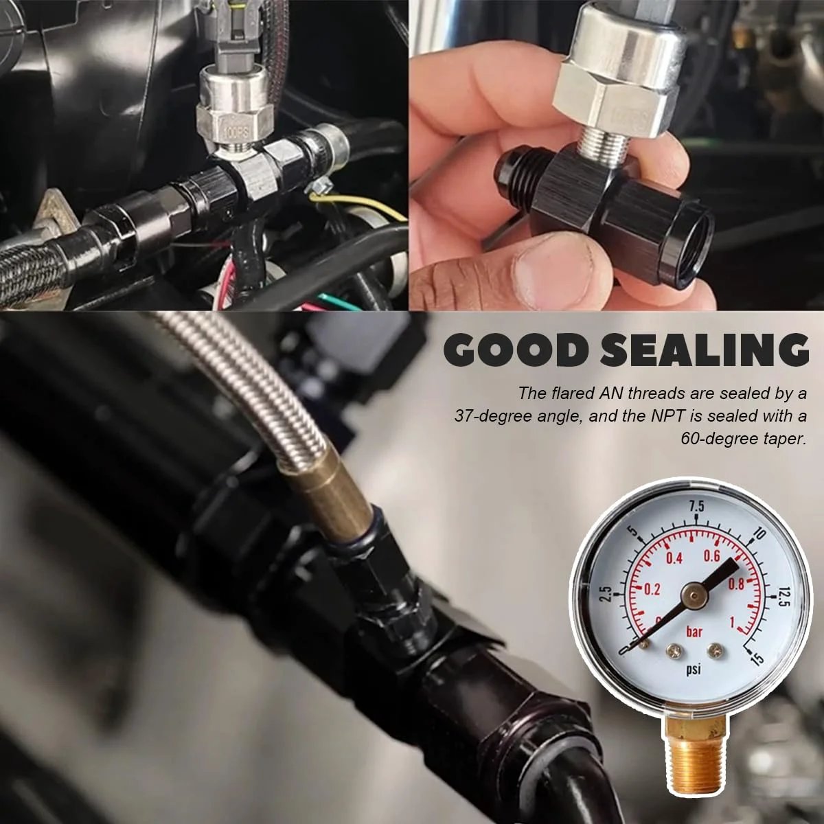 Img showing 6AN Male Flare to 6AN Female Swivel Fitting Adapter for Fuel Oil Lines with One Eighth NPT Gauge Port Aluminum fitting.