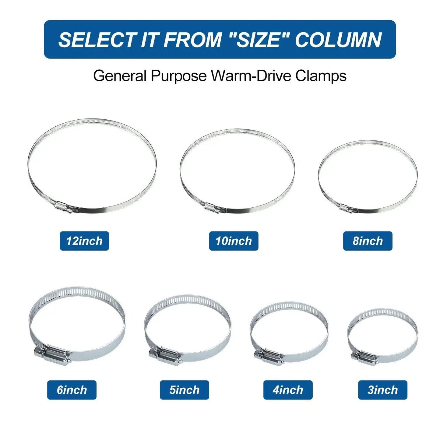 Assorted sizes of general purpose worm-drive clamps, showcasing 12-inch, 10-inch, 8-inch, 6-inch, 5-inch, 4-inch, and 3-inch options.