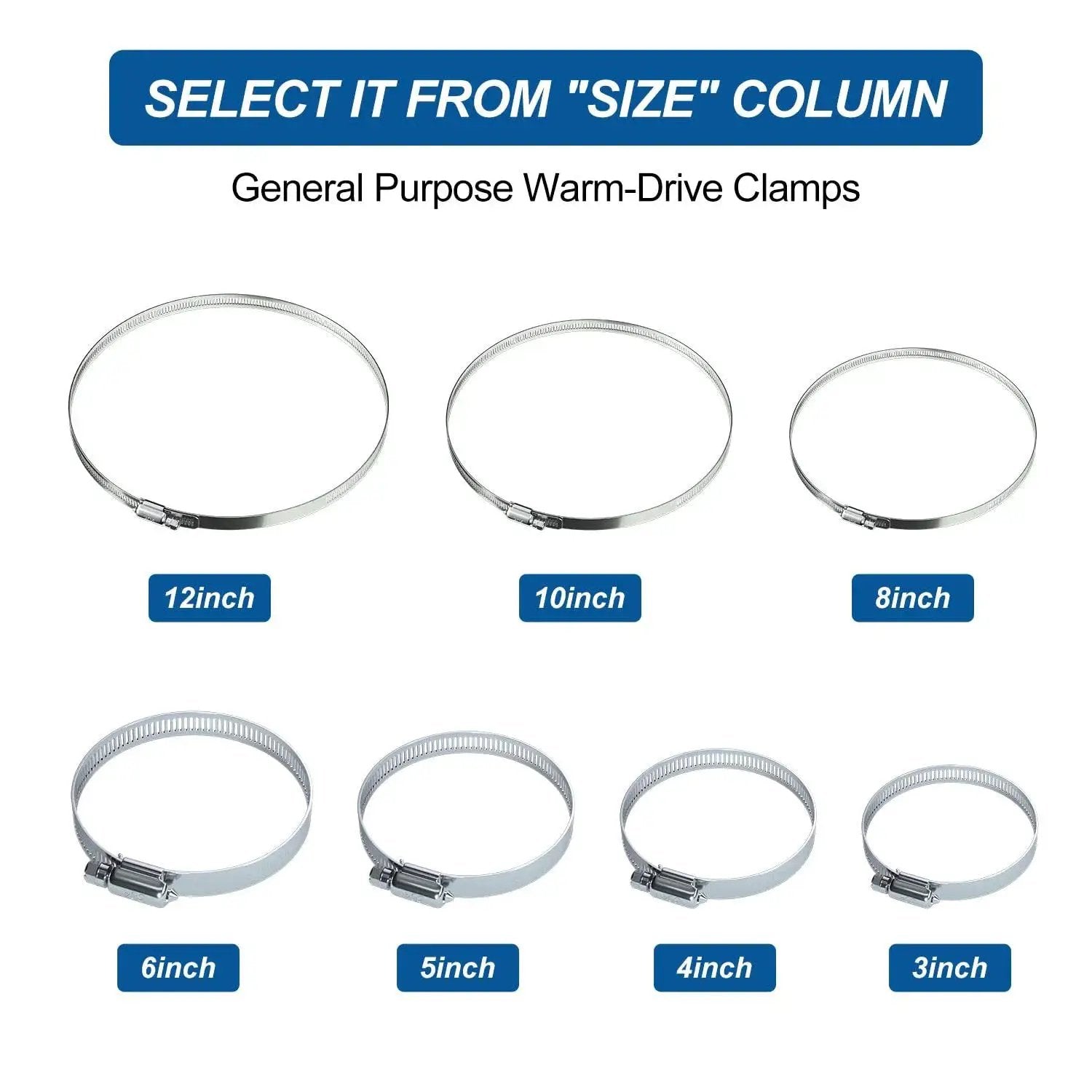Assorted sizes of general purpose worm-drive clamps, showcasing 12-inch, 10-inch, 8-inch, 6-inch, 5-inch, 4-inch, and 3-inch options.