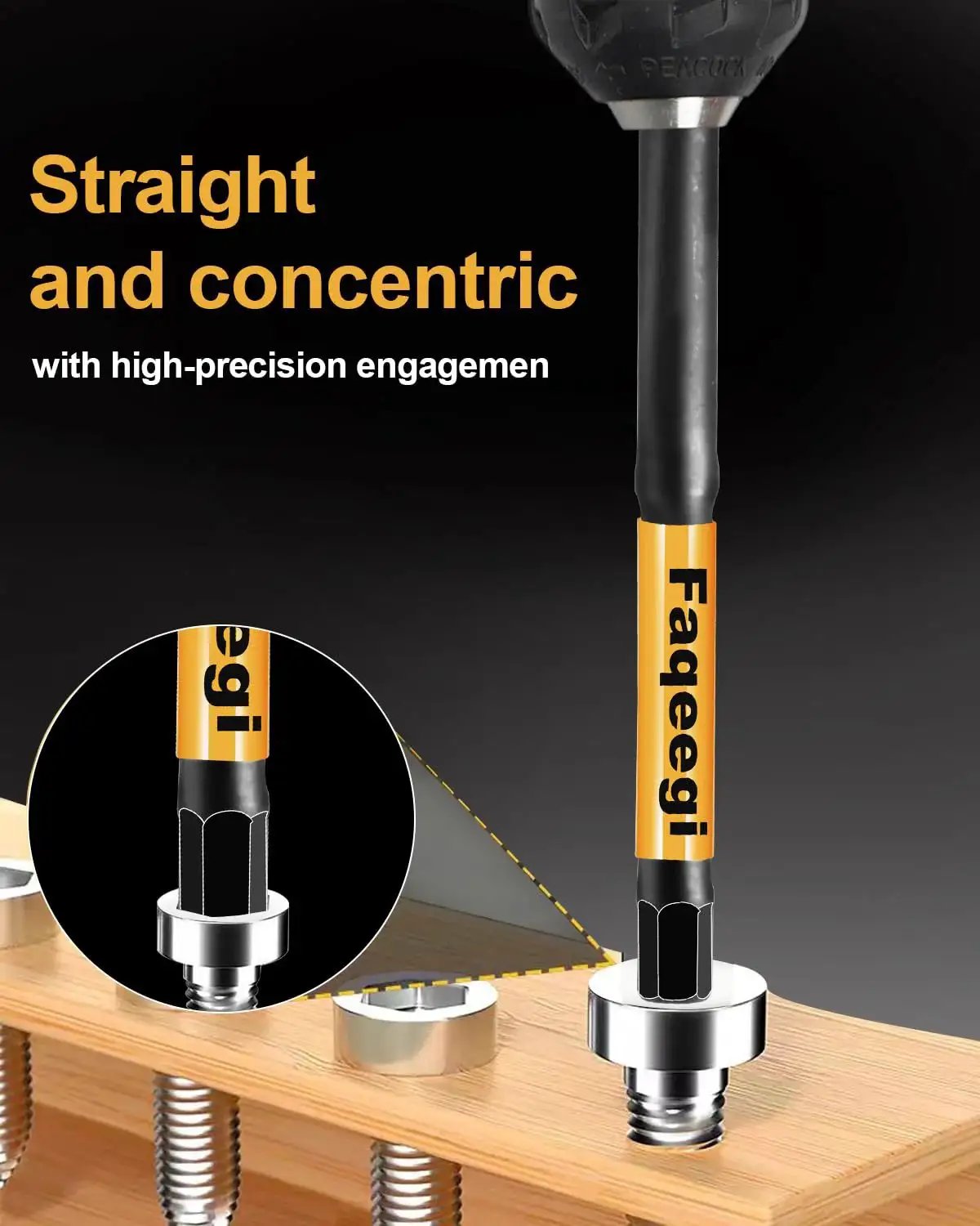 Close-up of Faqeegi 20 Piece 4 Inch Impact Hex Bit Set With Dual Metric And SAE Sizes High Torque S2 Steel in use on wooden surface.