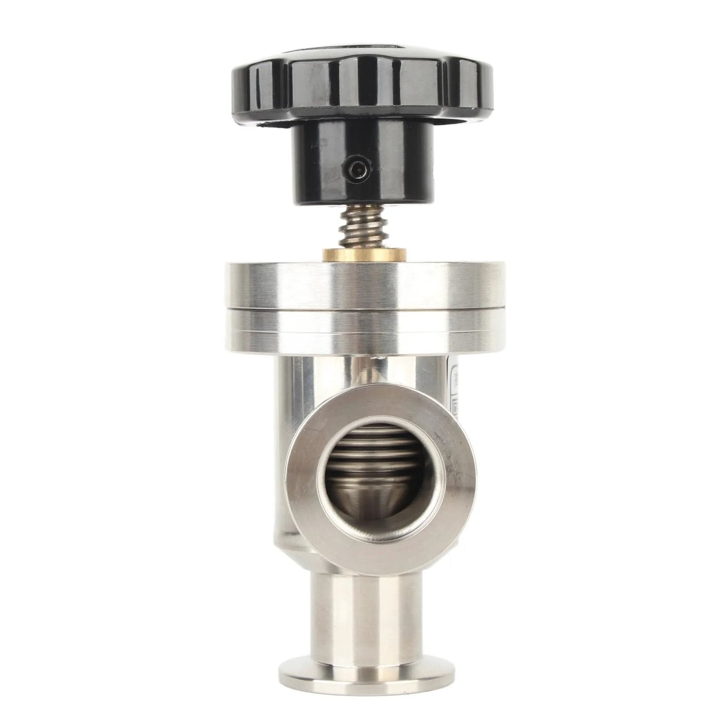 Front view of KF25 High Vacuum Manual Right Angle Bellows Isolation Valve in 304 Stainless Steel Pro Grade Build