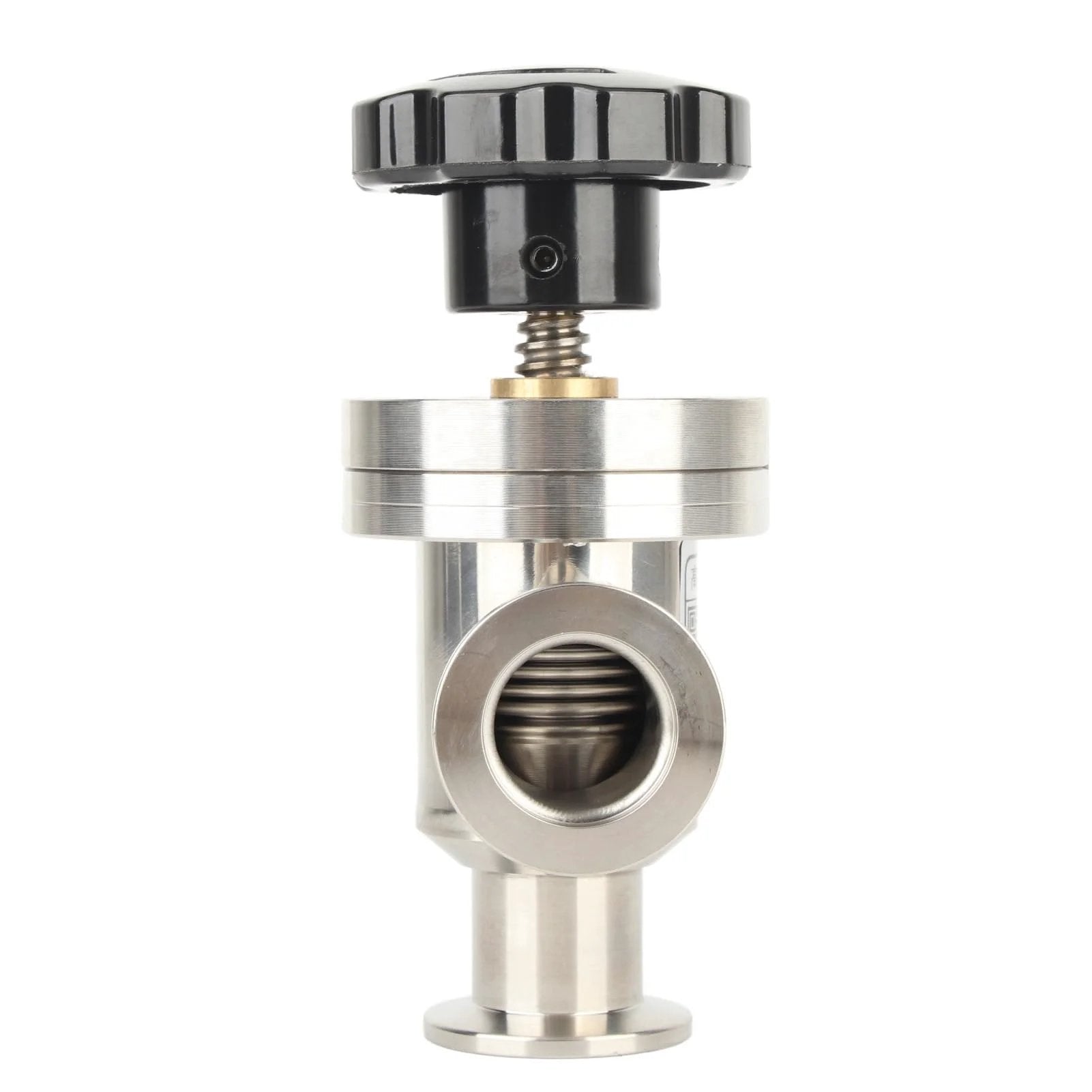 Front view of KF25 High Vacuum Manual Right Angle Bellows Isolation Valve in 304 Stainless Steel Pro Grade Build