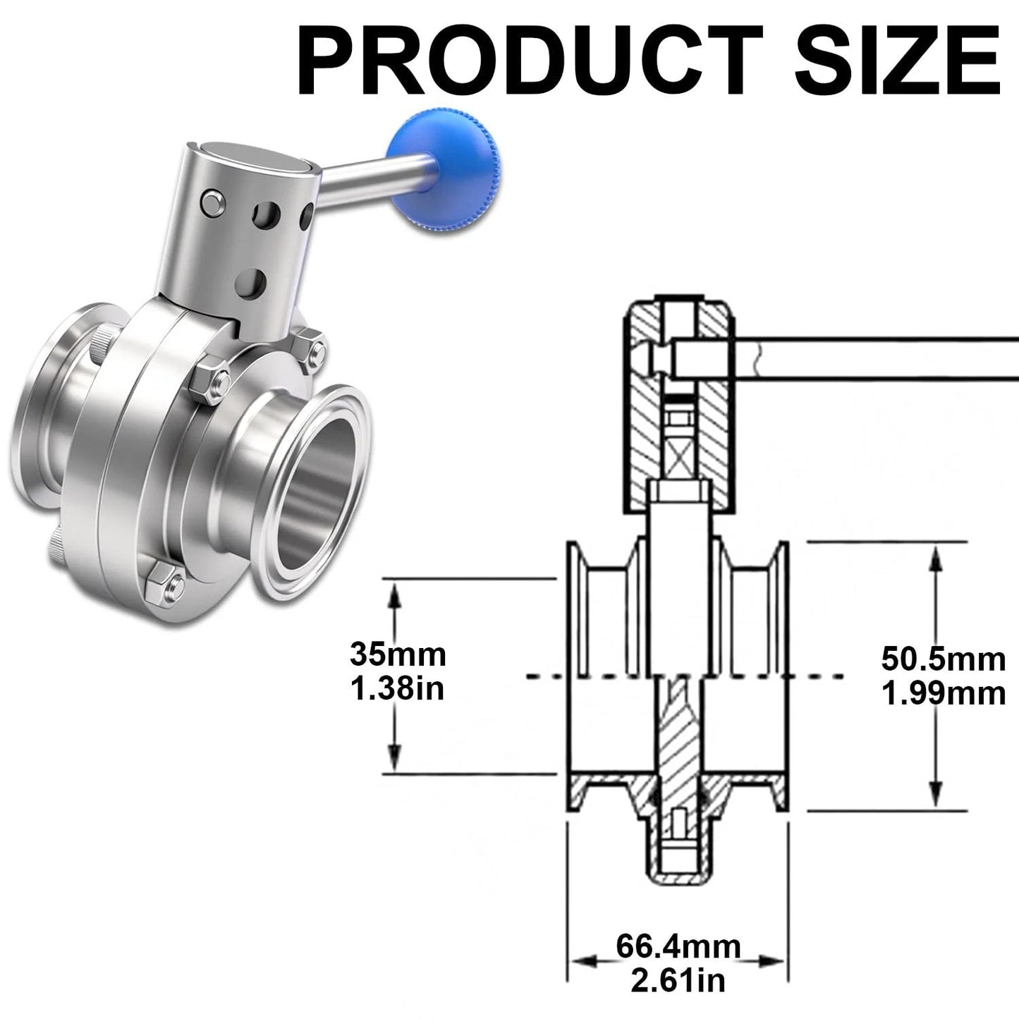 Dimensions of Set Of 2 1.5 Inch Sanitary Butterfly Valves With Pull Handle, 304 Stainless Steel Tri Clamp Clover shown with technical diagram.