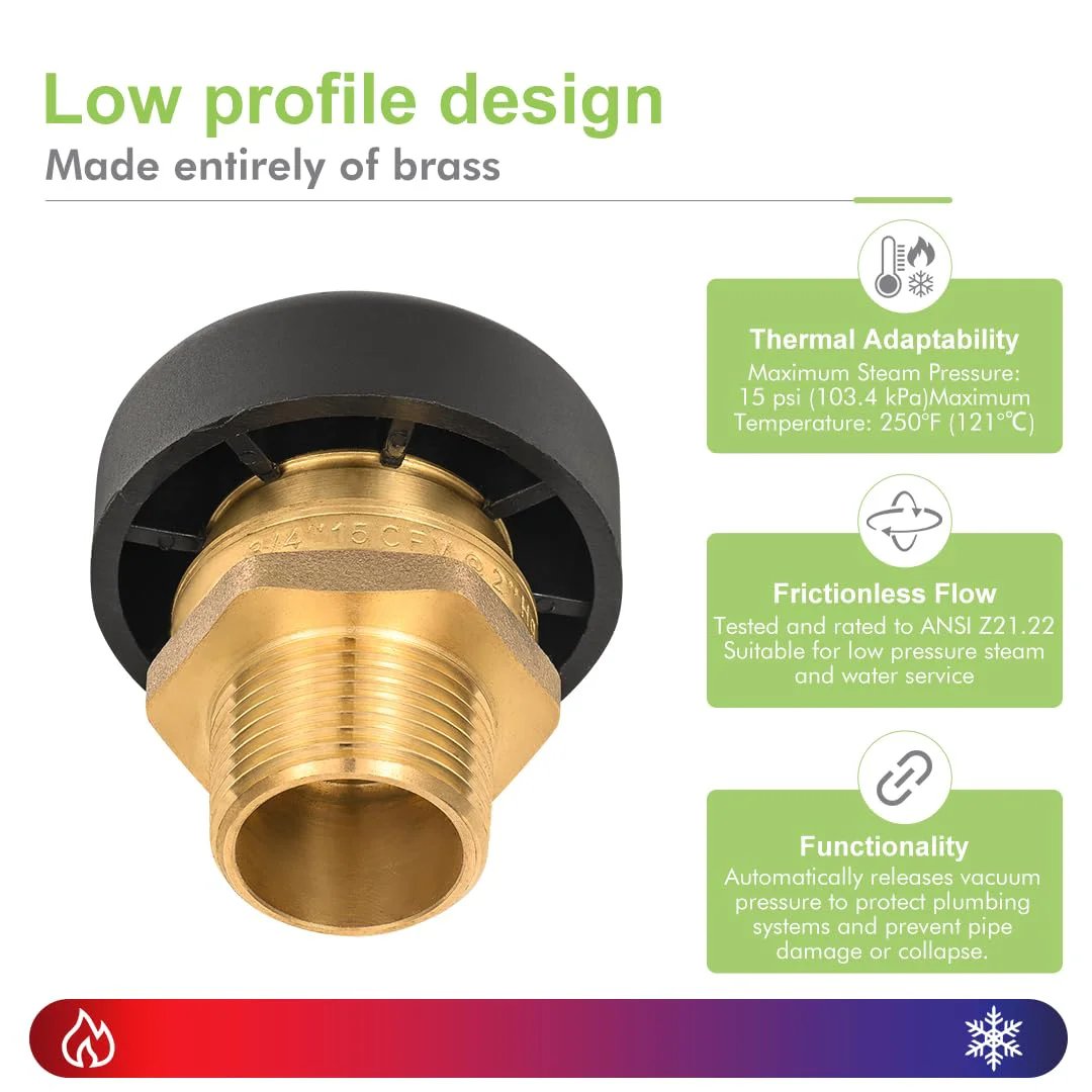 Vacuum Relief Valve Three Quarter Inch Brass Tubular Water Service Low Profile With Dust Cover For Water Heaters And Tanks Leak Proof Lead Free ANSI Z21 22 CSA Certified showing brass body and black cap