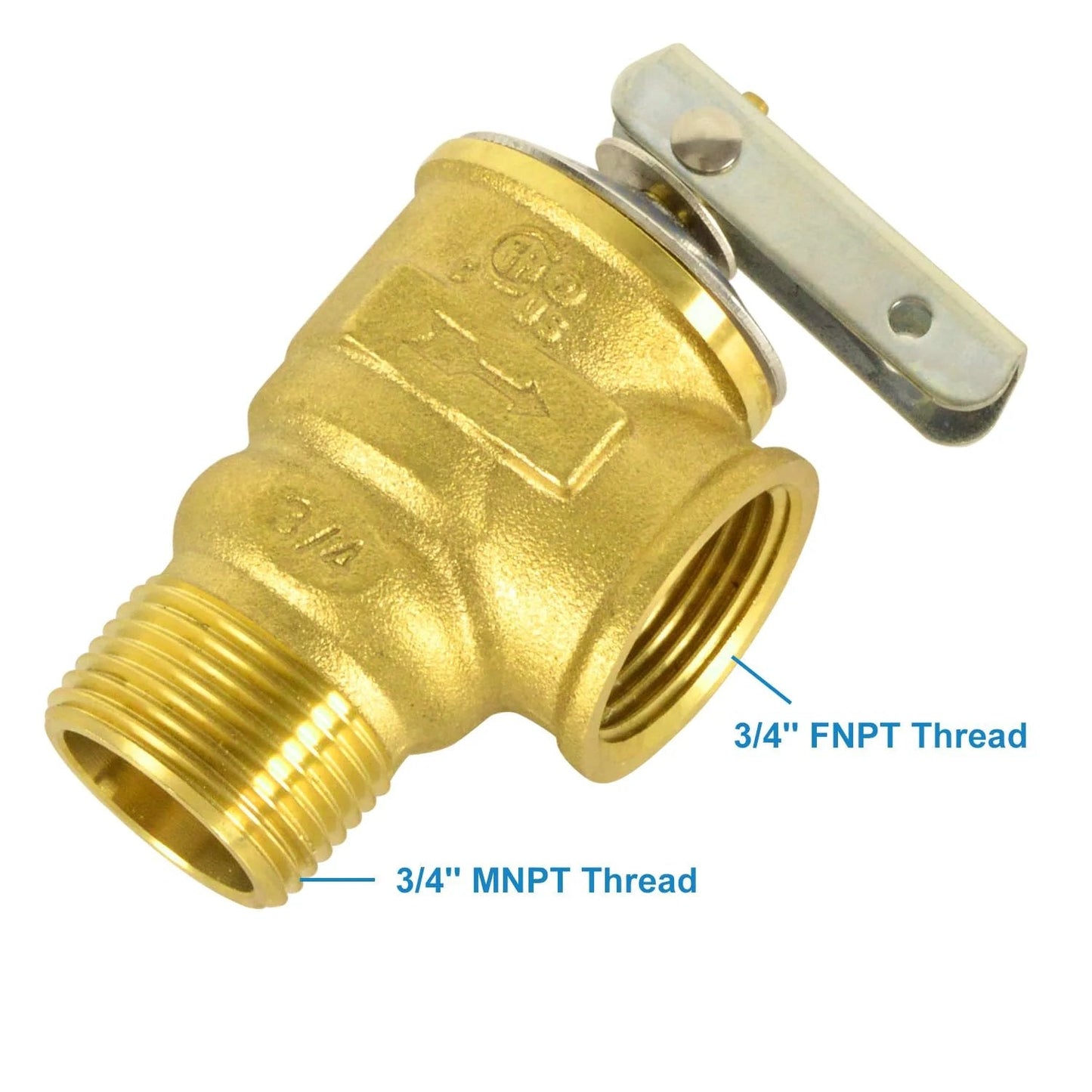 3/4 Inch Safety Relief Valve For Hot Water Systems No Brainer Install Brass Body With Stainless Steel Spring ASME Certified 150 PSI 3/4 NPT Inlet Universal Residential Use Easy Install For Overpressure Protection In Home Heaters showing MNPT and FNPT threads