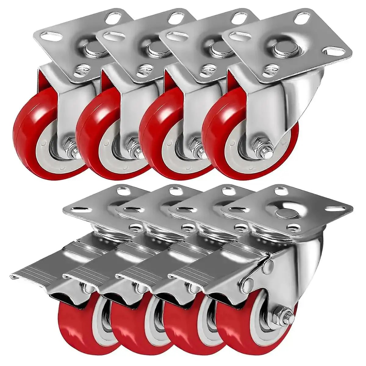 8 Pack Swivel Plate Casters With Red Polyurethane Wheels 2 Inch Diameter Plate 50mm Hole Center 33mm Locking Brakes Optional