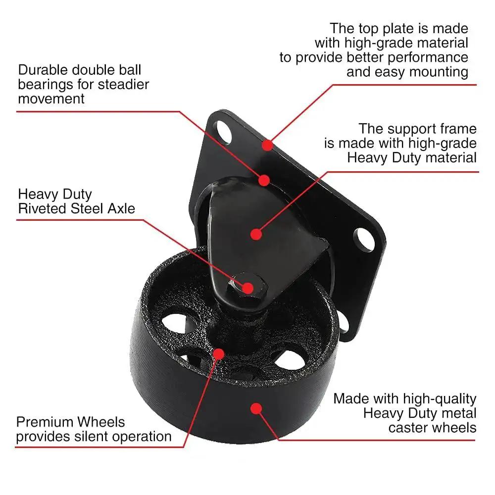 Image showing All Black Four Pack Metal Swivel Plate Caster Wheels With Brake Lock, highlighting heavy-duty materials and double ball bearings.