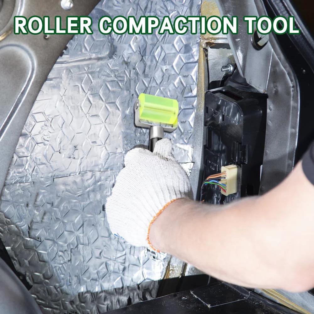 Using Pro Grade Car Sound Deadening Roller Tool For Seam Rolling And Heat Abatement Mat Installation in a car interior.