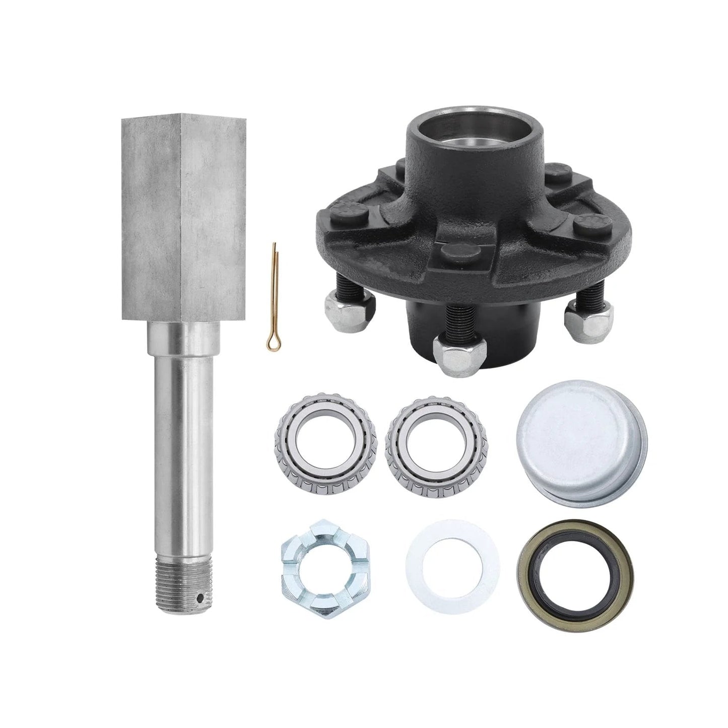 5 On 4.5 Inch Trailer Hub Kit With Square BT16 Spindle And Complete Bearing Set Including L44649 L44610 Bearings Grease Seal Dust Cap Lug Nuts Spindle Nut Washer And Cotter Pin For Easy Towing And Durable Trailer Axle Upgrade