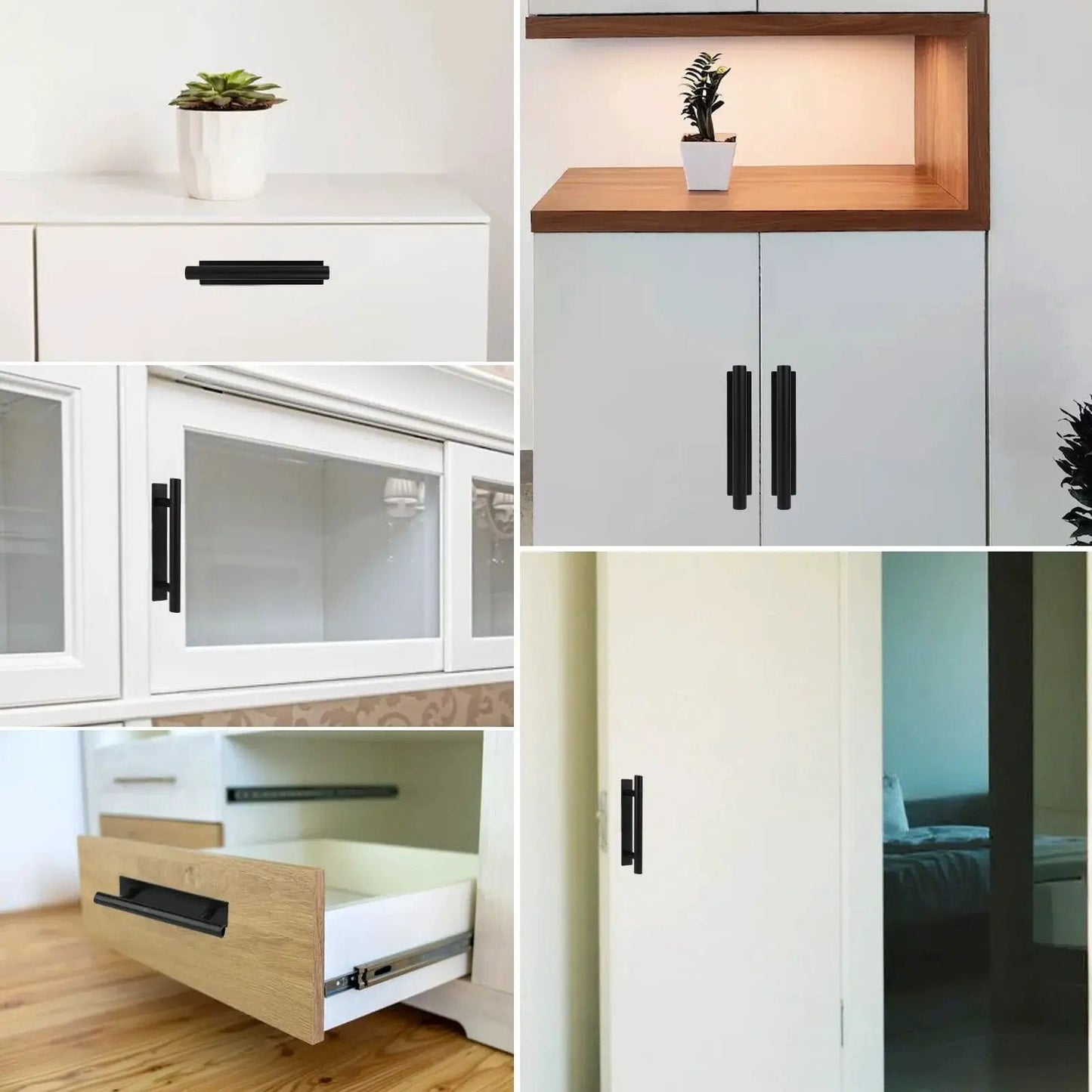 Push Pull Helper Self-Adhesive Cabinet Handles 30 Pack Black ABS Plastic Peel And Stick Drawer Pulls installed on white cabinets and wooden drawers