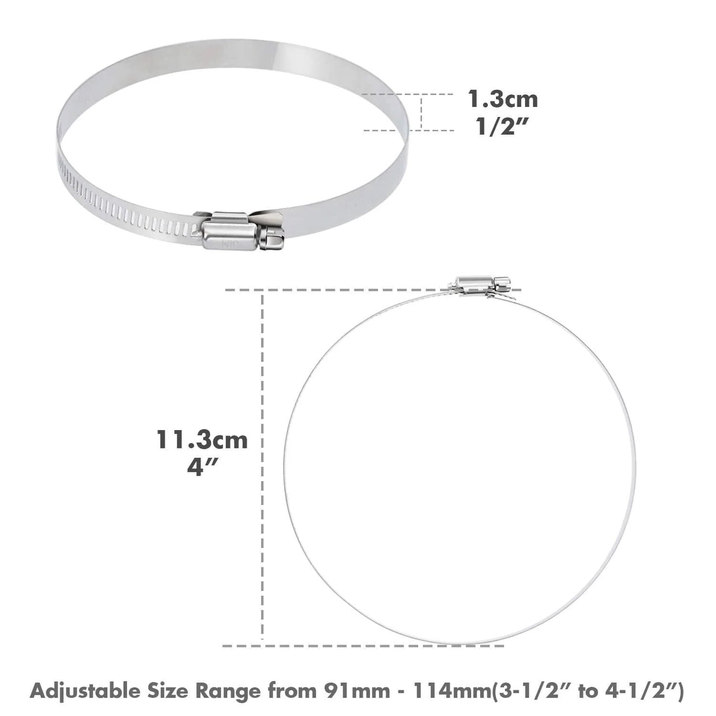 Diagram of 12 Piece Stainless Steel Hose Clamp Kit For Plumbing Automotive And Mechanical Use Selizo 304 Stainless Worm Gear Adjustable Clamps Size 91 To 114 Millimeters 3.6 To 4.4 Inches 4 Inch Range Go To Heavy Duty Fuel Line Duct Clamp Set, showing measurements.