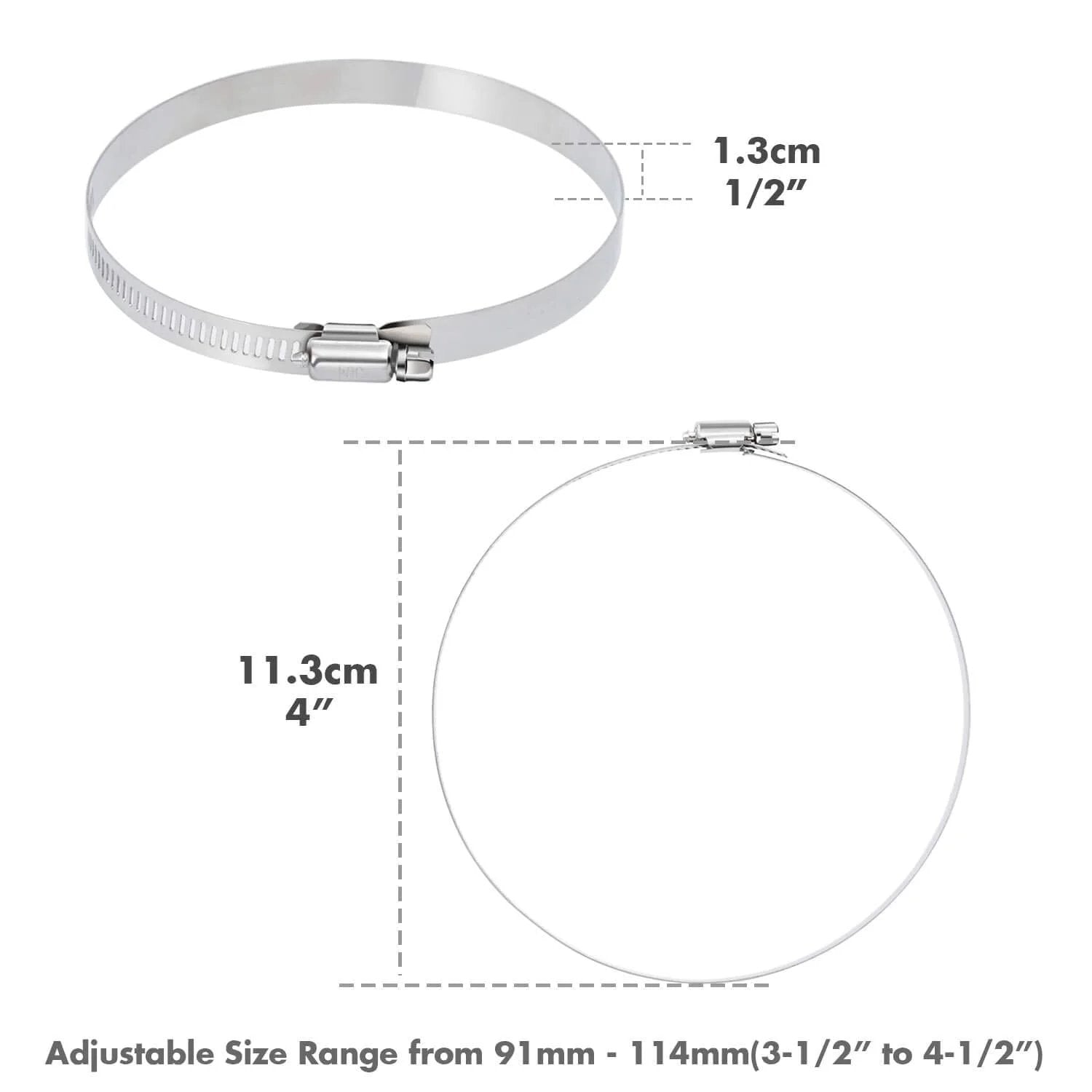 Diagram of 12 Piece Stainless Steel Hose Clamp Kit For Plumbing Automotive And Mechanical Use Selizo 304 Stainless Worm Gear Adjustable Clamps Size 91 To 114 Millimeters 3.6 To 4.4 Inches 4 Inch Range Go To Heavy Duty Fuel Line Duct Clamp Set, showing measurements.