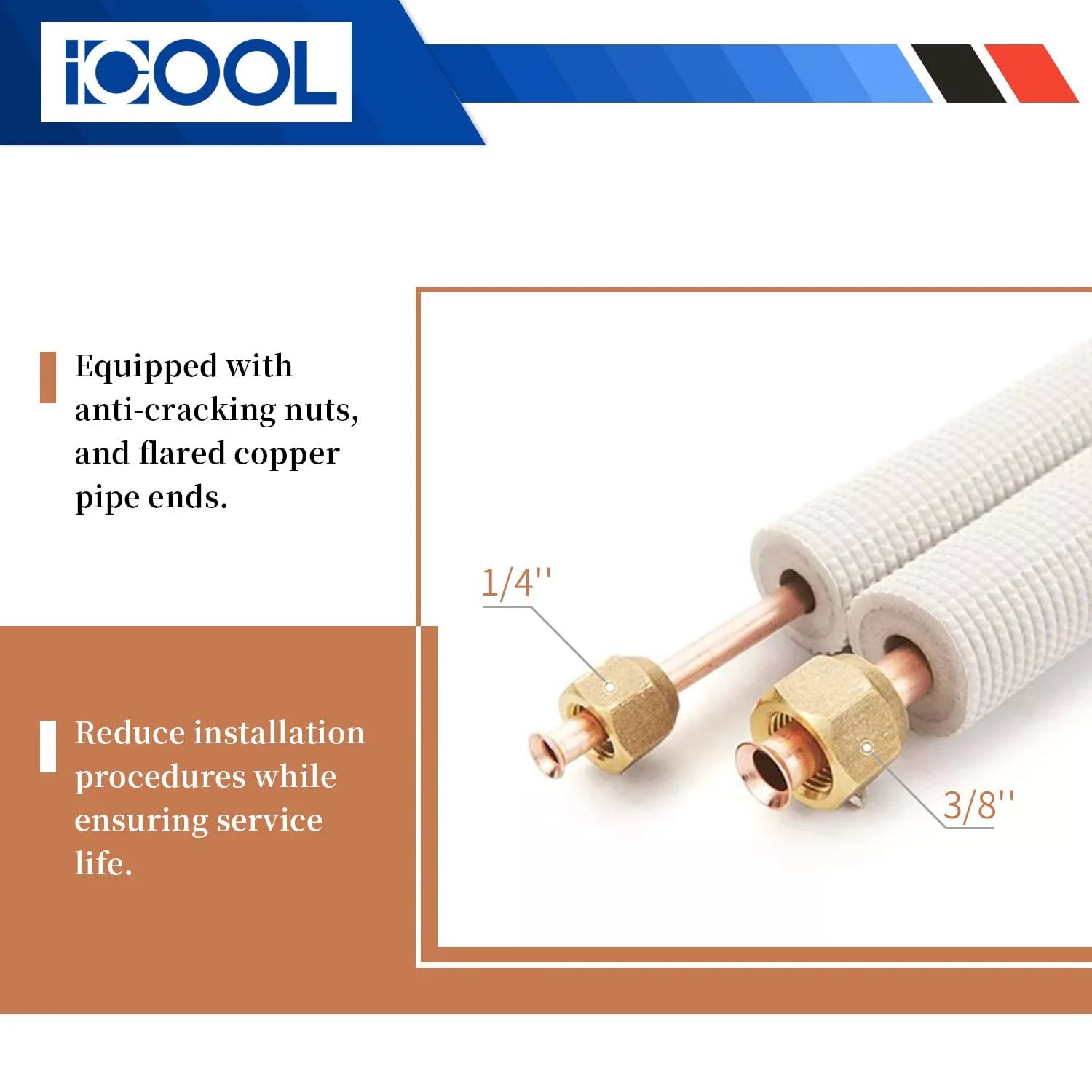 Close-up of Fifty Foot Mini Split Line Set With Twin Copper Tubes One Quarter Inch And Three Eighth Inch Outside Diameter, Thickened Polyethylene Insulated Coil Copper Line With Nuts For Air Conditioner HVAC Refrigeration And Heating Without Fittings.