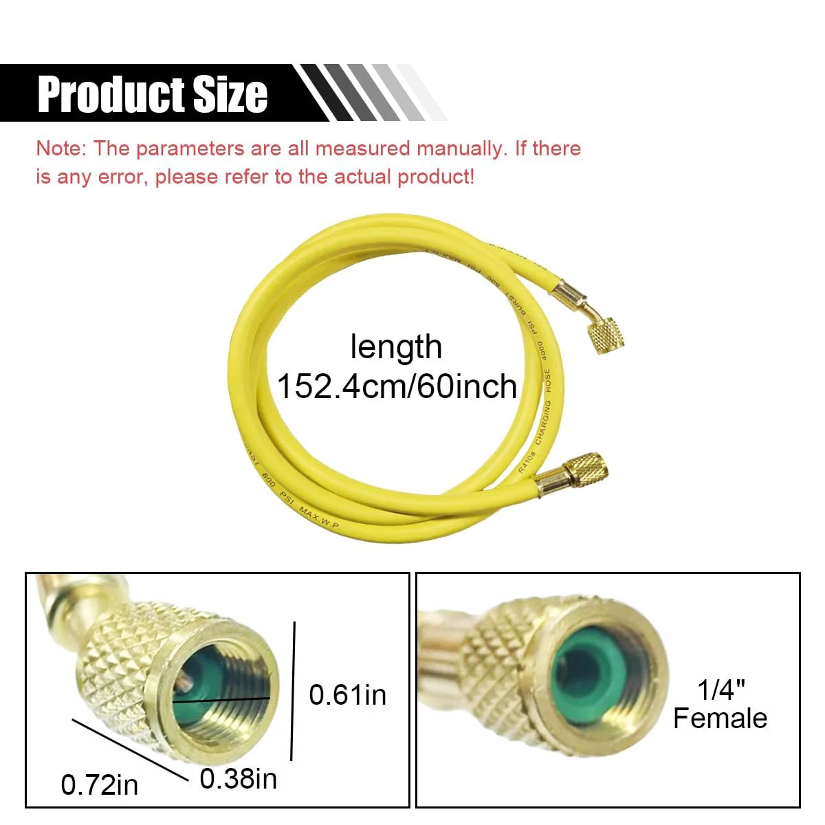 Heavy Duty 60 Inch Refrigerant Charging Hose With 1 Quarter Inch SAE Flare For HVAC Systems, 800 PSI Working Pressure