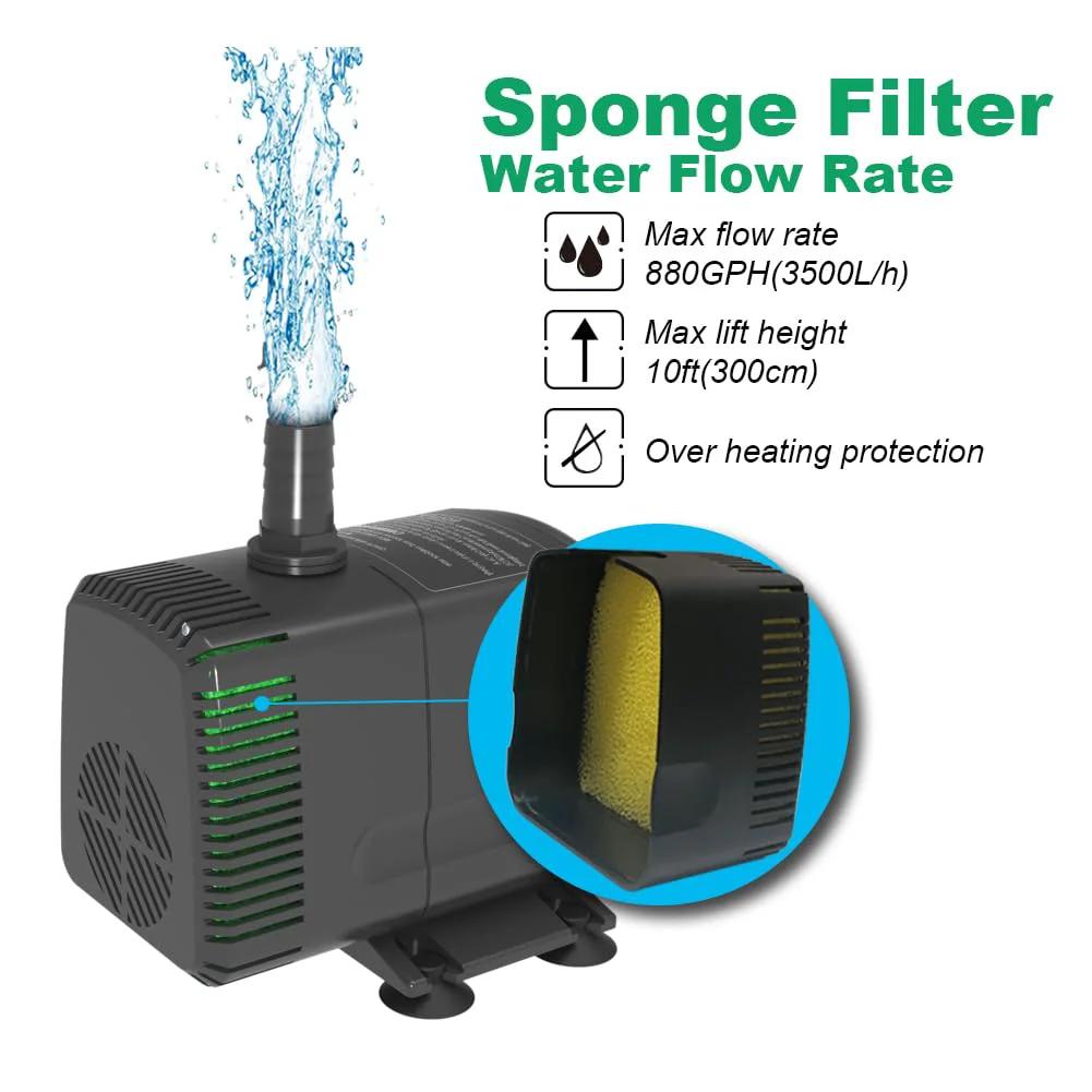 Ultra Quiet Submersible Pump 880 GPH 3500 LPH 60W With Overheating Protection And 10.2 Ft Lift For Fountains Ponds Hydroponics