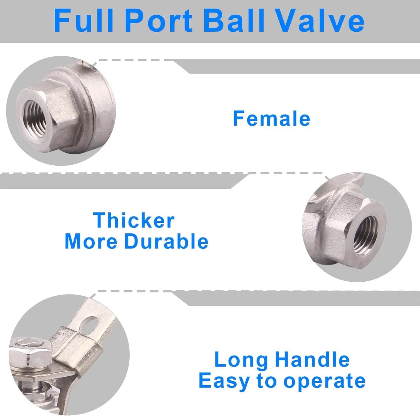 Close-up of Heavy Duty Full Port Stainless Steel Ball Valve Set With Locking Device Two Pack 304 Grade components and handle.